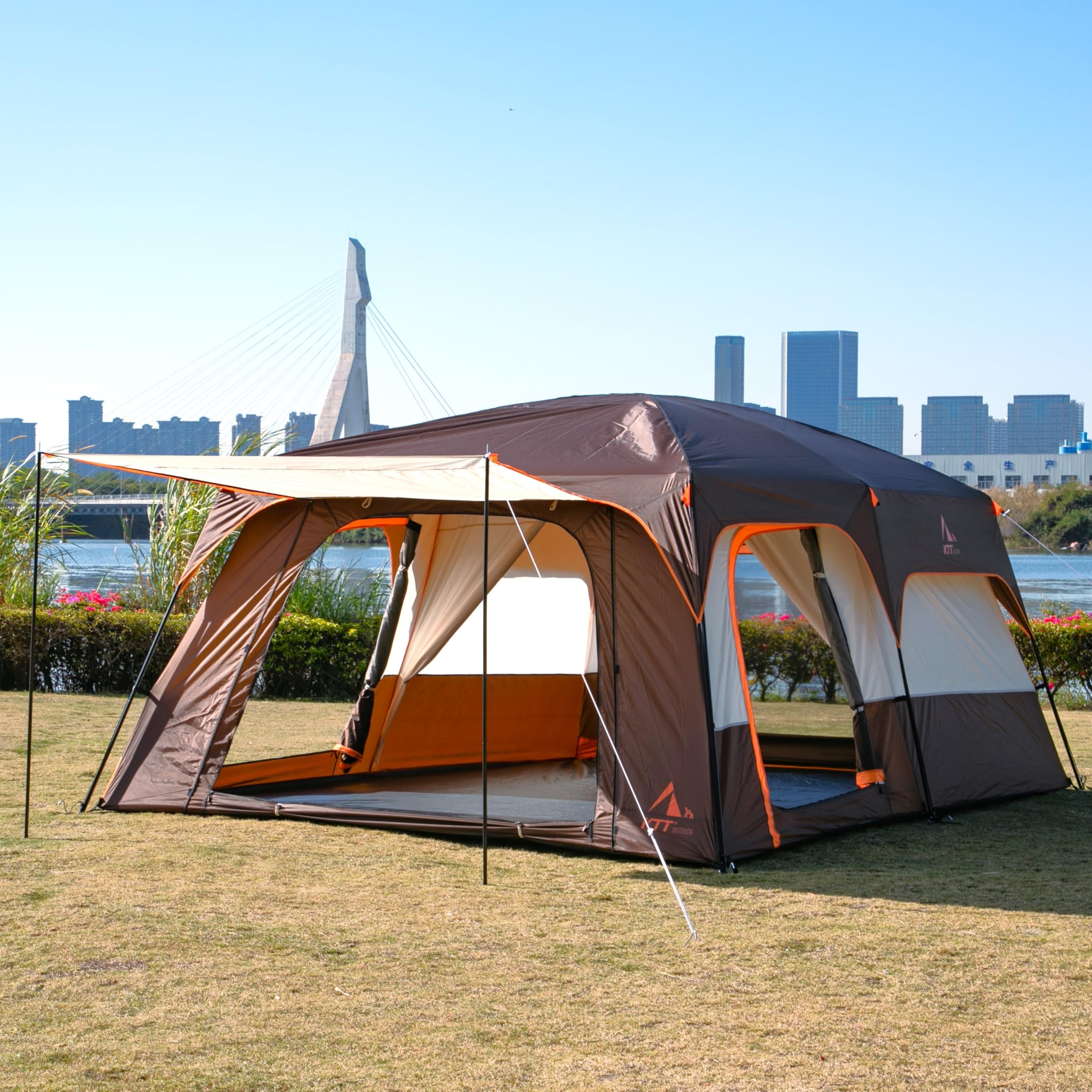 KTT Extra Large Family Cabin Tent for 10-14 People - 2 Rooms, 3 Doors & 3 Mesh Windows, Waterproof Double Layer Straight Wall Design - Perfect for Camping, Picnics, Family Gatherings & Outdoor Adventures
