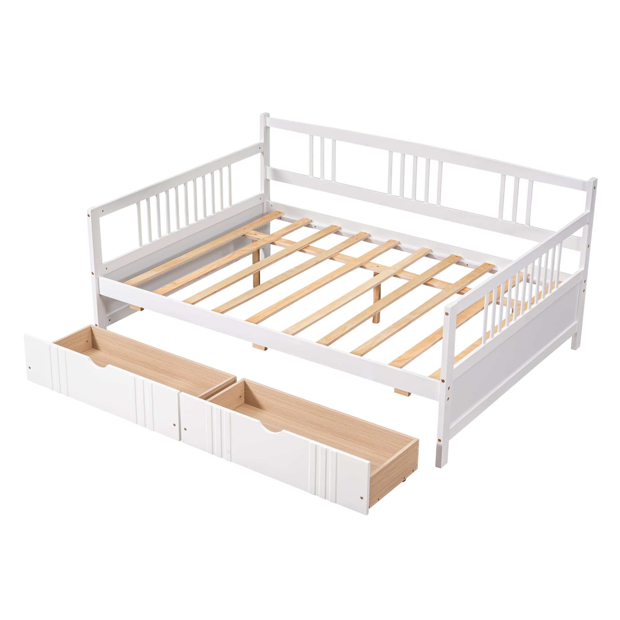 Full Size Wooden Daybed with Storage Drawers - Convertible Sofa Bed for Teens & Adults - Perfect for Guest Rooms, Dormitories & Small Spaces (White)