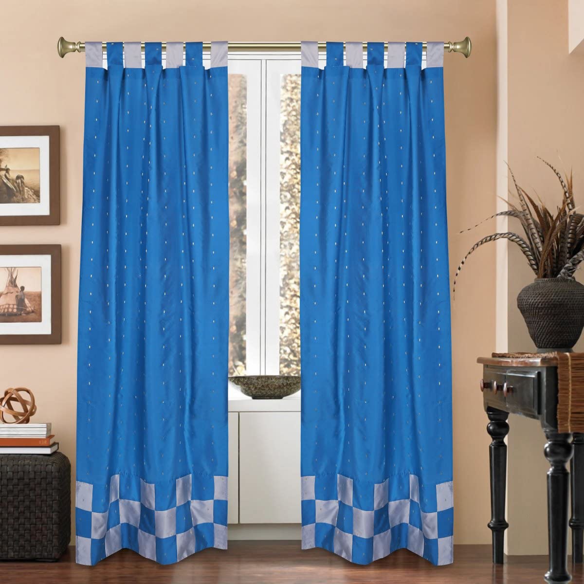 Indian Selections 2-Panel Turquoise & Gray Checkered Sari Curtains with Tab Top - 36 Inches Wide x 108 Inches Long - Elegant Window Drapes for Living Room, Bedroom & Boho Home Decor