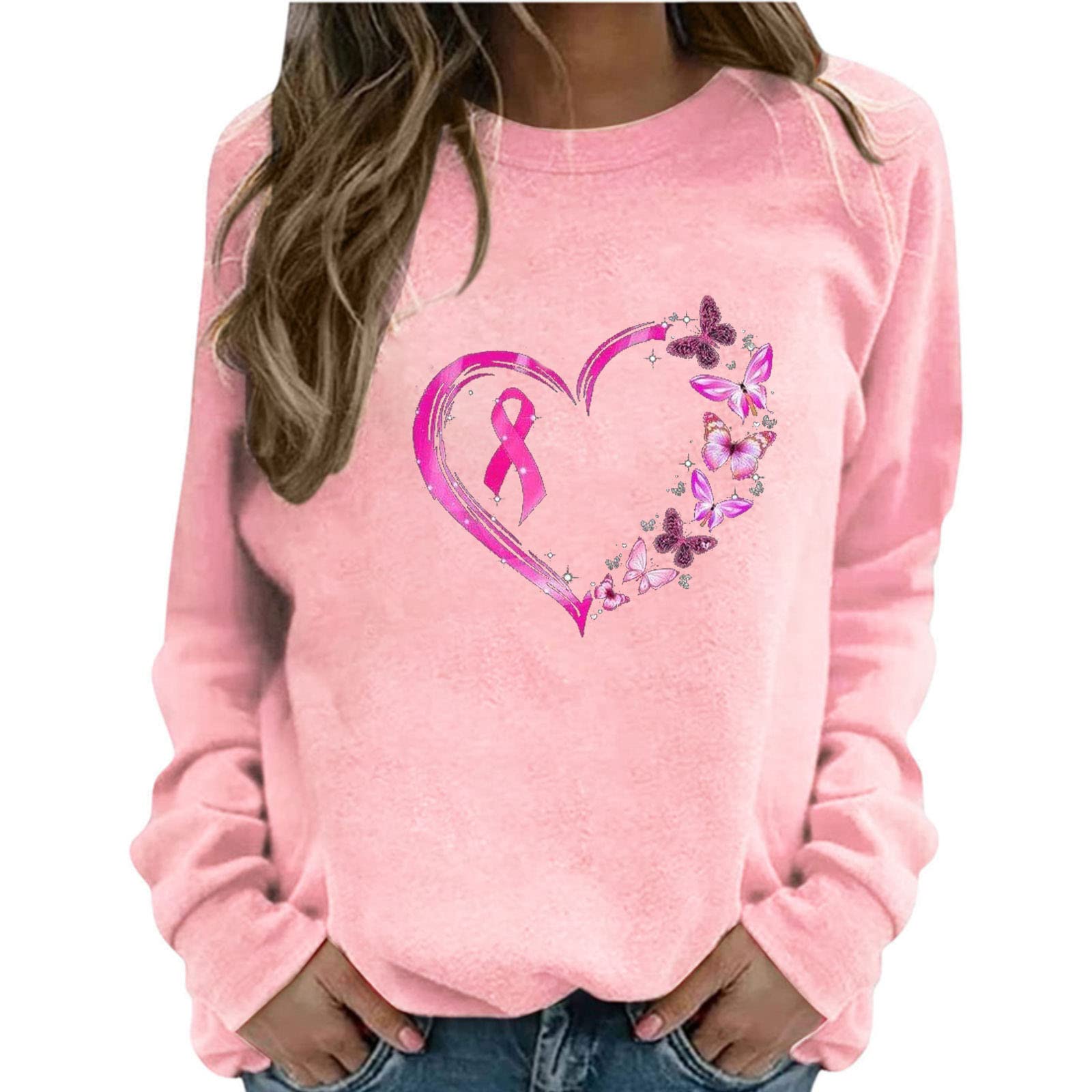 Women's Pink Ribbon Breast Cancer Awareness Long Sleeve Shirt - Soft Casual Graphic Fall Sweatshirt for Comfort & Support - Perfect for Fundraising Events, Survivor Celebrations & Everyday Wear