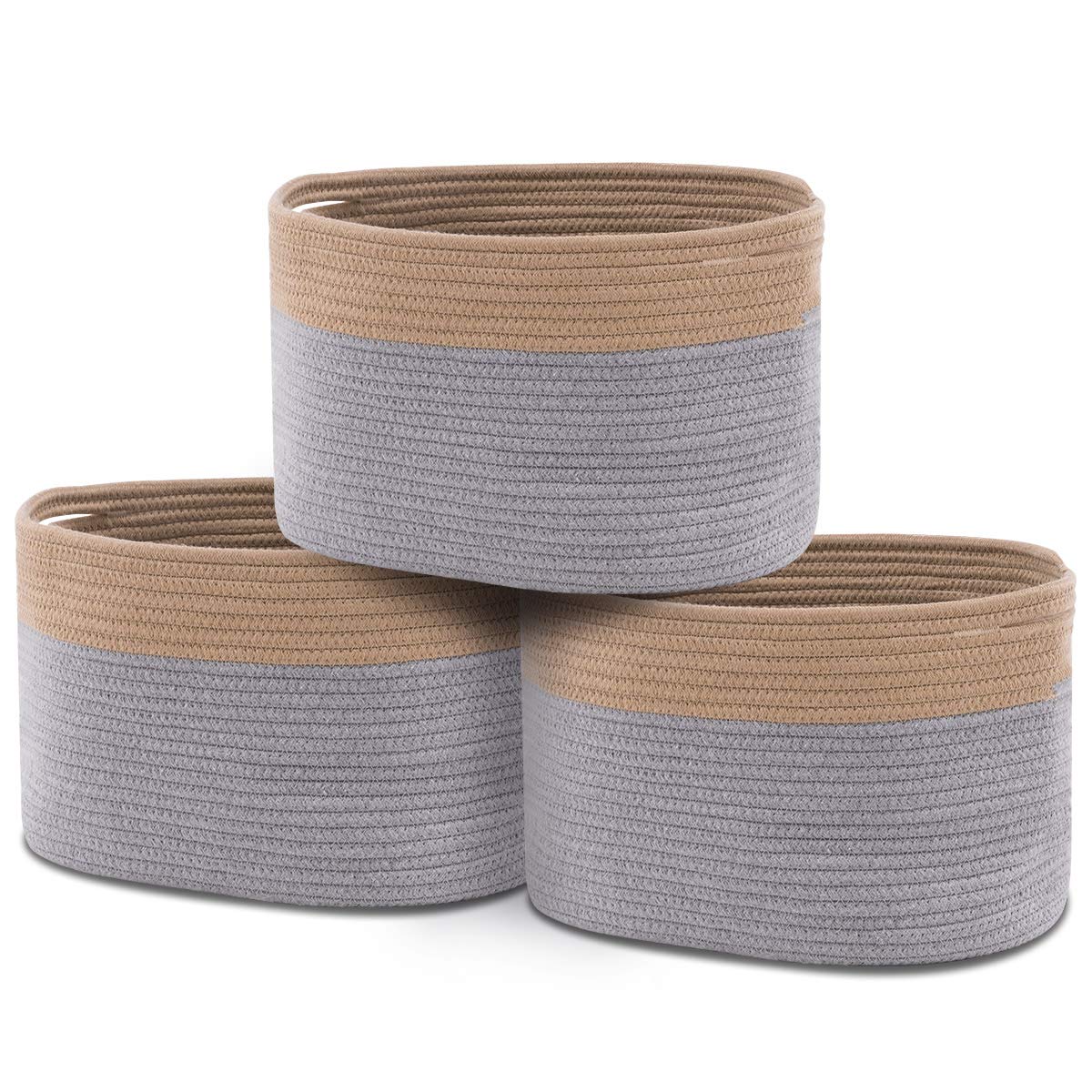 YOUDENOVA 3-Pack Woven Rope Storage Baskets - Natural Brown & Grey Organizer Bins for Nursery, Toys, Blankets, Makeup | Perfect for Home, Office & Bathroom Organization