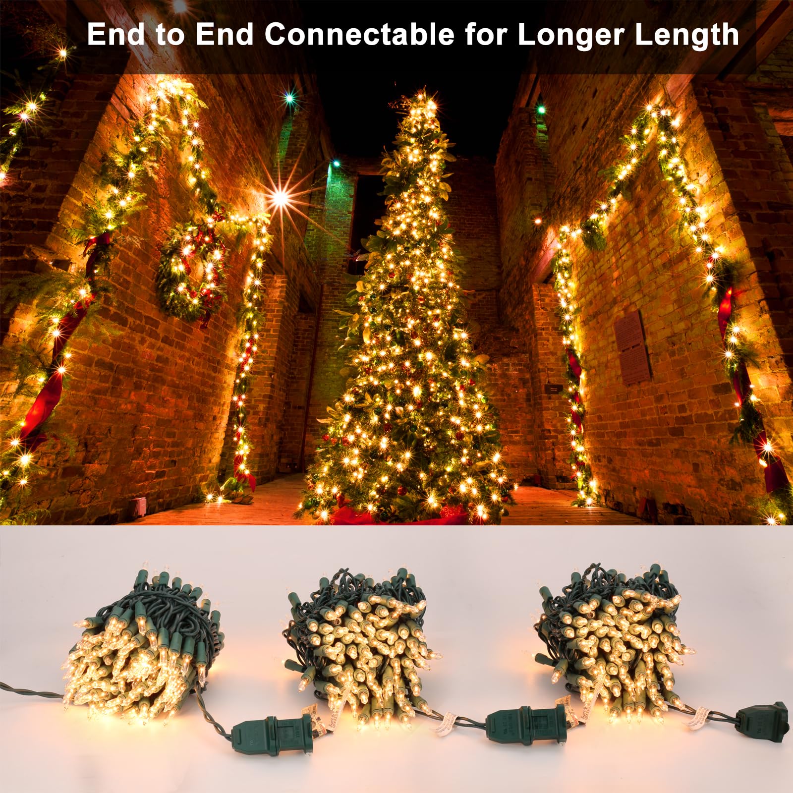 BrizLabs 300 LED Clear Christmas Lights Outdoor, 69.6ft Connectable Warm White String Lights - UL Certified Mini Lights with Green Wire for Indoor Tree, Holiday Party, Roof & Yard Decorations - Perfect for Christmas, New Year, and Winter Festival Decorating