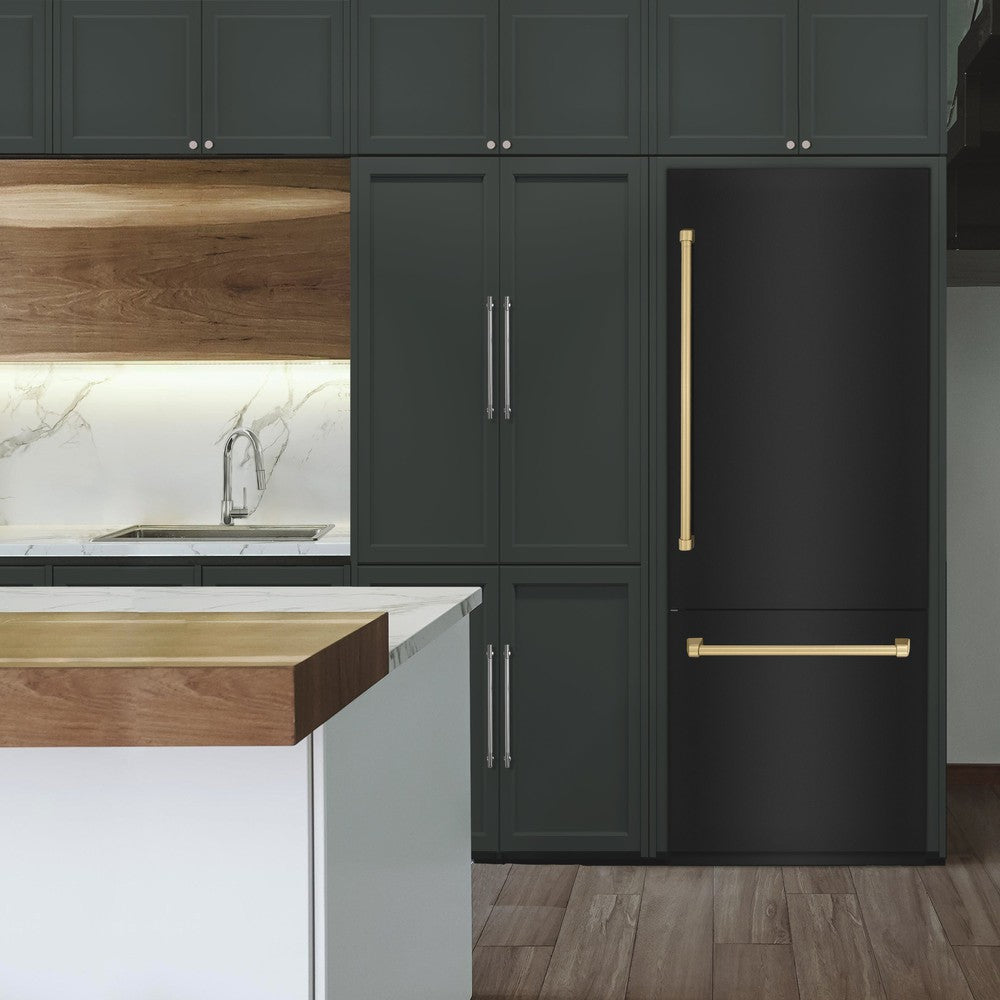 ZLINE Autograph Edition 30 Inch Built-In Bottom Freezer Refrigerator - 16.1 cu ft Capacity, Black Stainless Steel with Champagne Bronze Accents, Water Dispenser & Ice Maker - Perfect for Modern Kitchens, Open Concept Homes & Luxury Appliances Collection (RBIVZ BS 30 CB)
