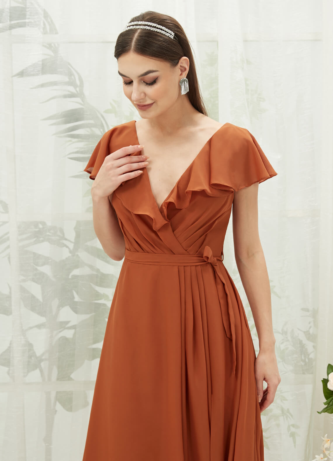 Elegant Burnt Orange Chiffon Bridesmaid Dress with Ruffle Sleeves & V-Neck Slit - Perfect for Weddings, Formal Events & Evening Parties