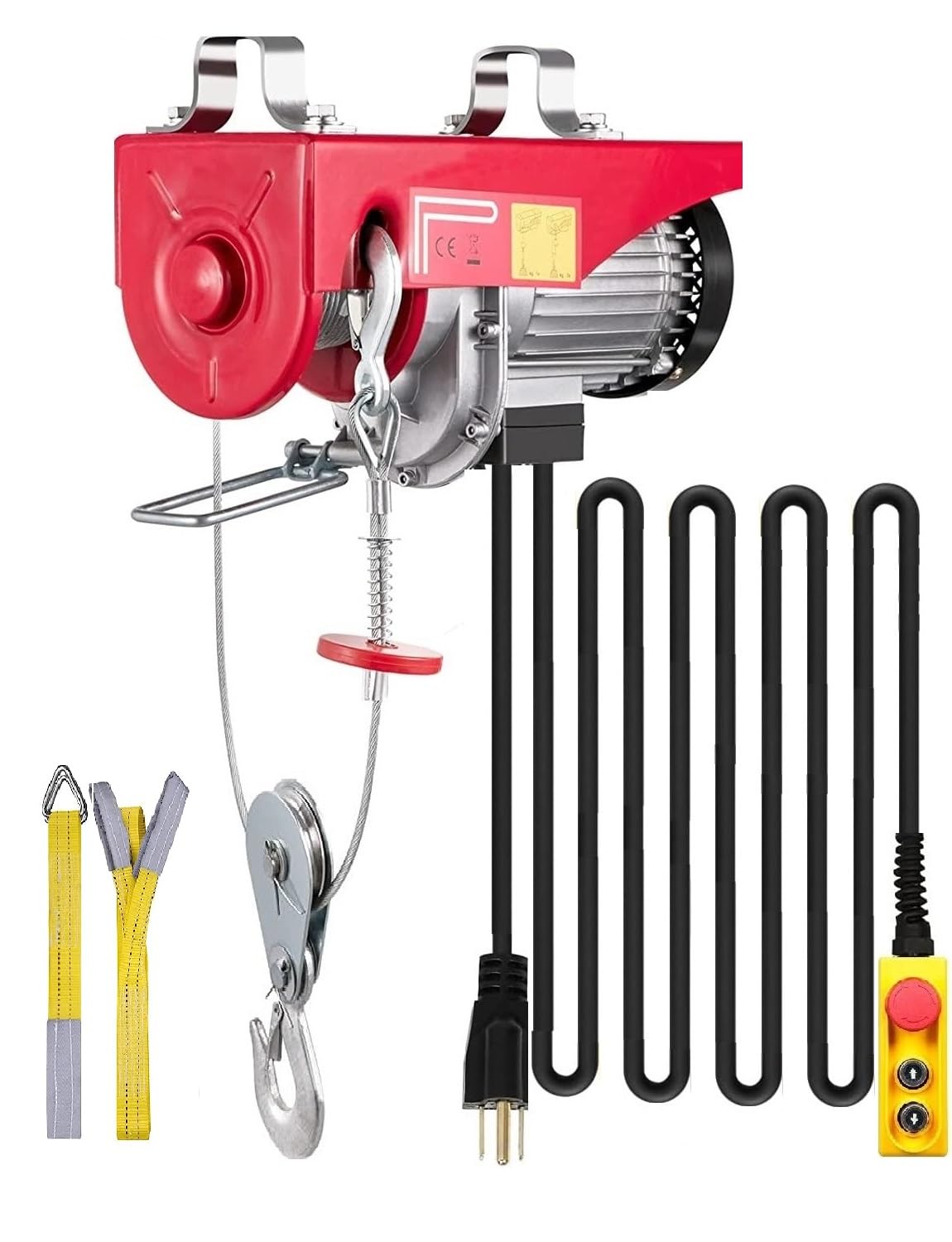 Happybuy 2200Lbs Electric Hoist - 110V Overhead Crane with Steel Hook & Remote Control - Ceiling Pulley Winch for Warehouse, Construction, Garage Lifting - Emergency Stop Switch Included (Red) - Perfect for Heavy Duty Material Handling and Industrial Applications