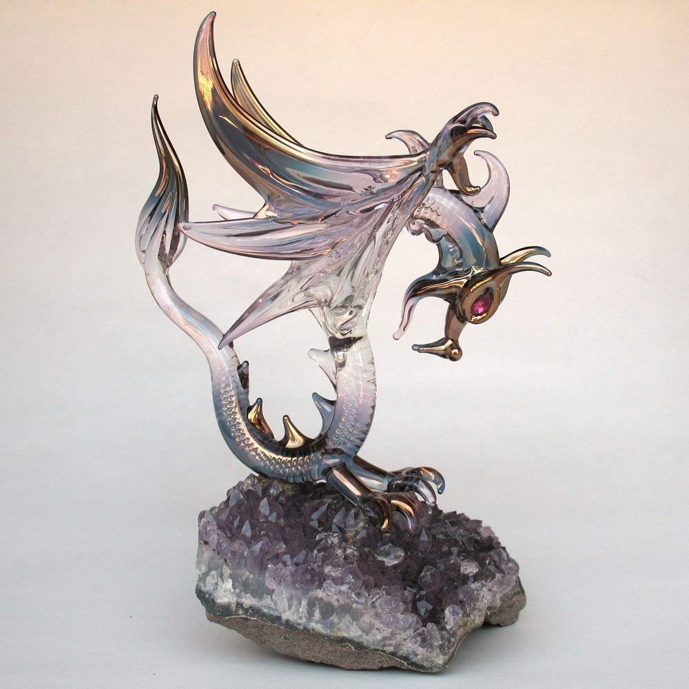 Hand Blown Glass Dragon Figurine with Wings - Flying Dragon Statue for Home Decor, Fantasy Collectibles & Gift Ideas | Perfect for Shelf Display, Office Desk & Medieval Theme Decorations