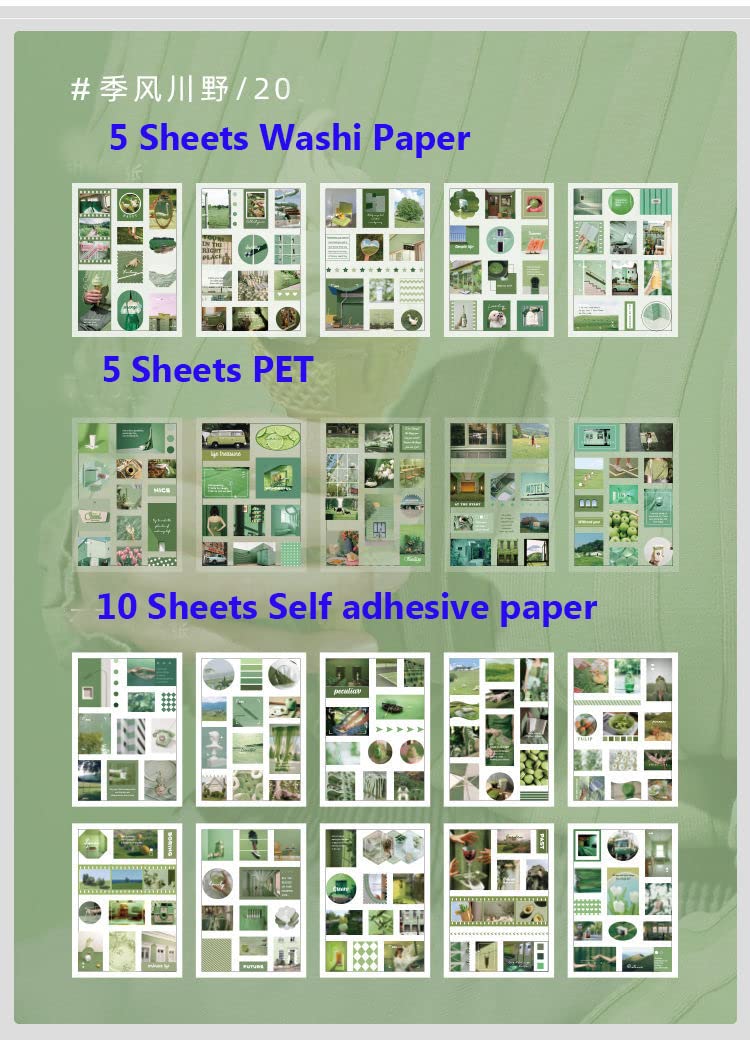 Small Cute Green Junk Journal Supplies Handbook Stickers - 20 Sheets Self-Adhesive Washi Paper + PVC Letter Stickers, Nature Planner Stickers for Art Journaling, Collage Craft, Notebooks, Album Making, Scrapbooking & DIY Gift Wrapping (Green Monsoon)