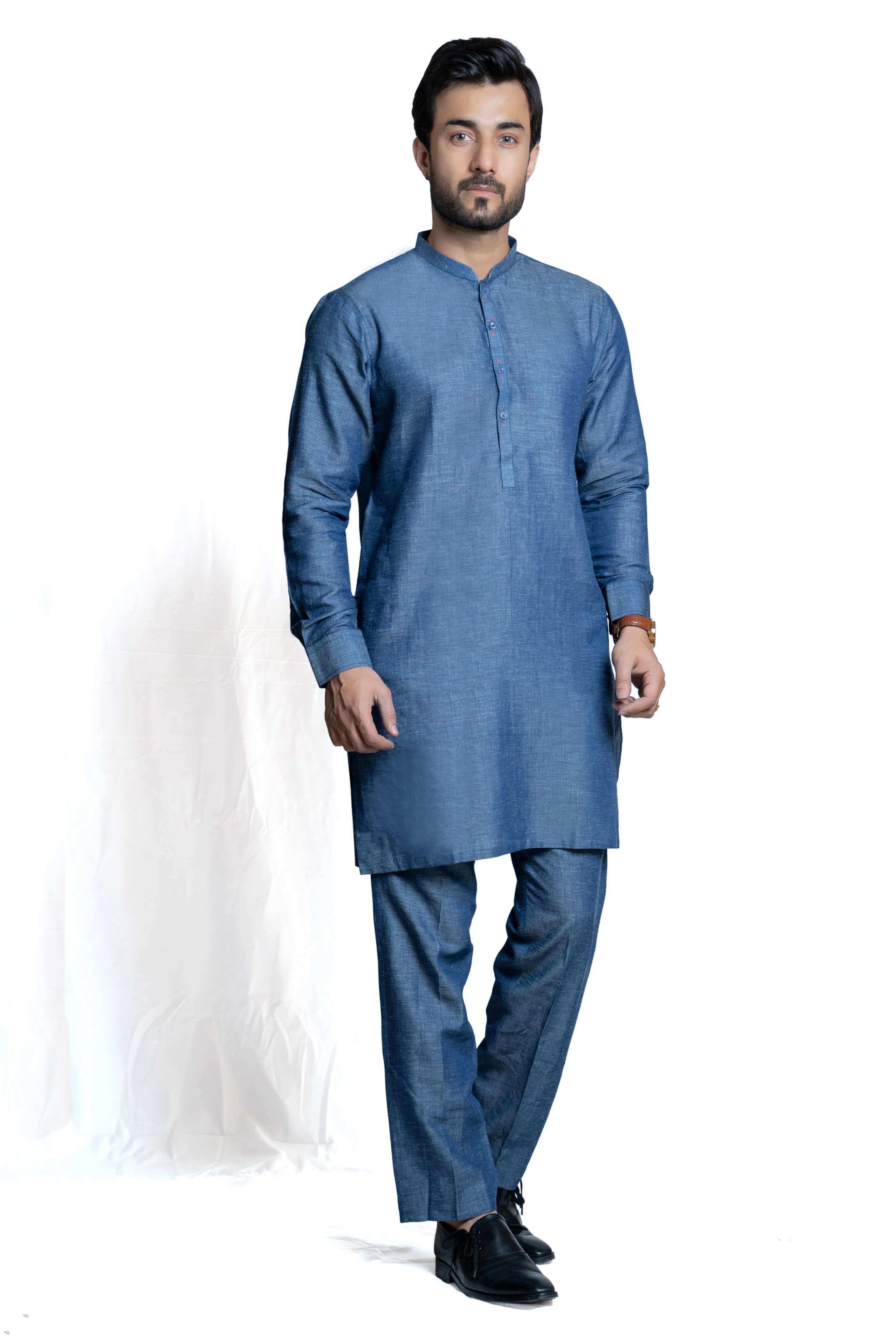 Elegant Blue Tensile Linen Kurta Pant Set - Classic Fit Indian Ethnic Wear for Men, Perfect for Festivals, Weddings & Casual Outings