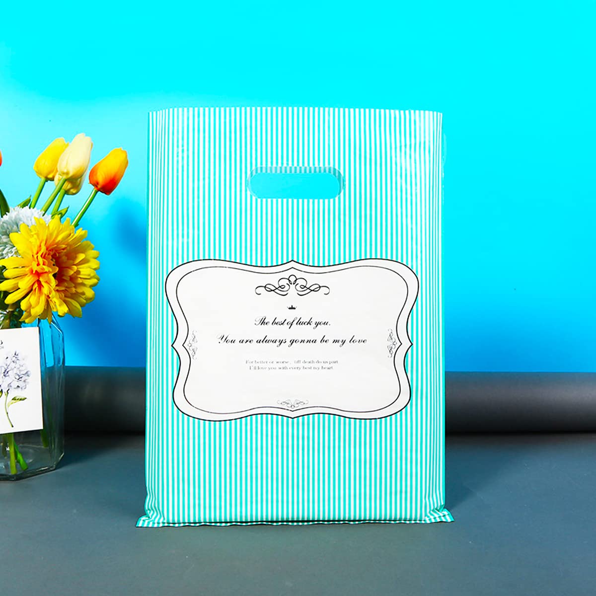 50 Pack Blue Thank You Bags with Die-Cut Handles 5.9