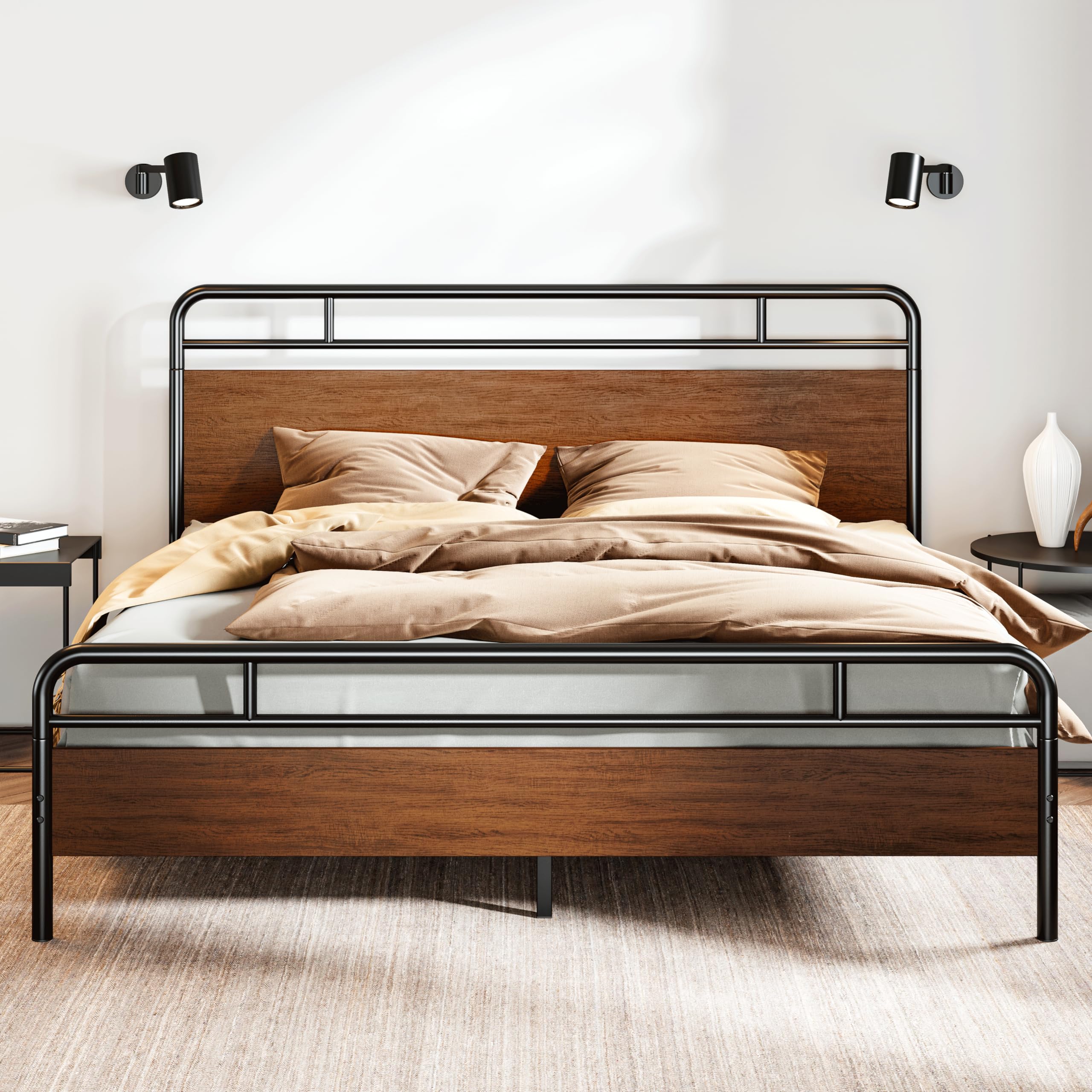 SHA CERLIN King Size Bed Frame with Wooden Headboard & Footboard - Sturdy Metal Frame, Rounded Corners, Heavy Duty Slats & Under-Bed Storage - No Box Spring Required (Walnut Finish) - Perfect for Master Bedrooms, Guest Rooms & Small Spaces