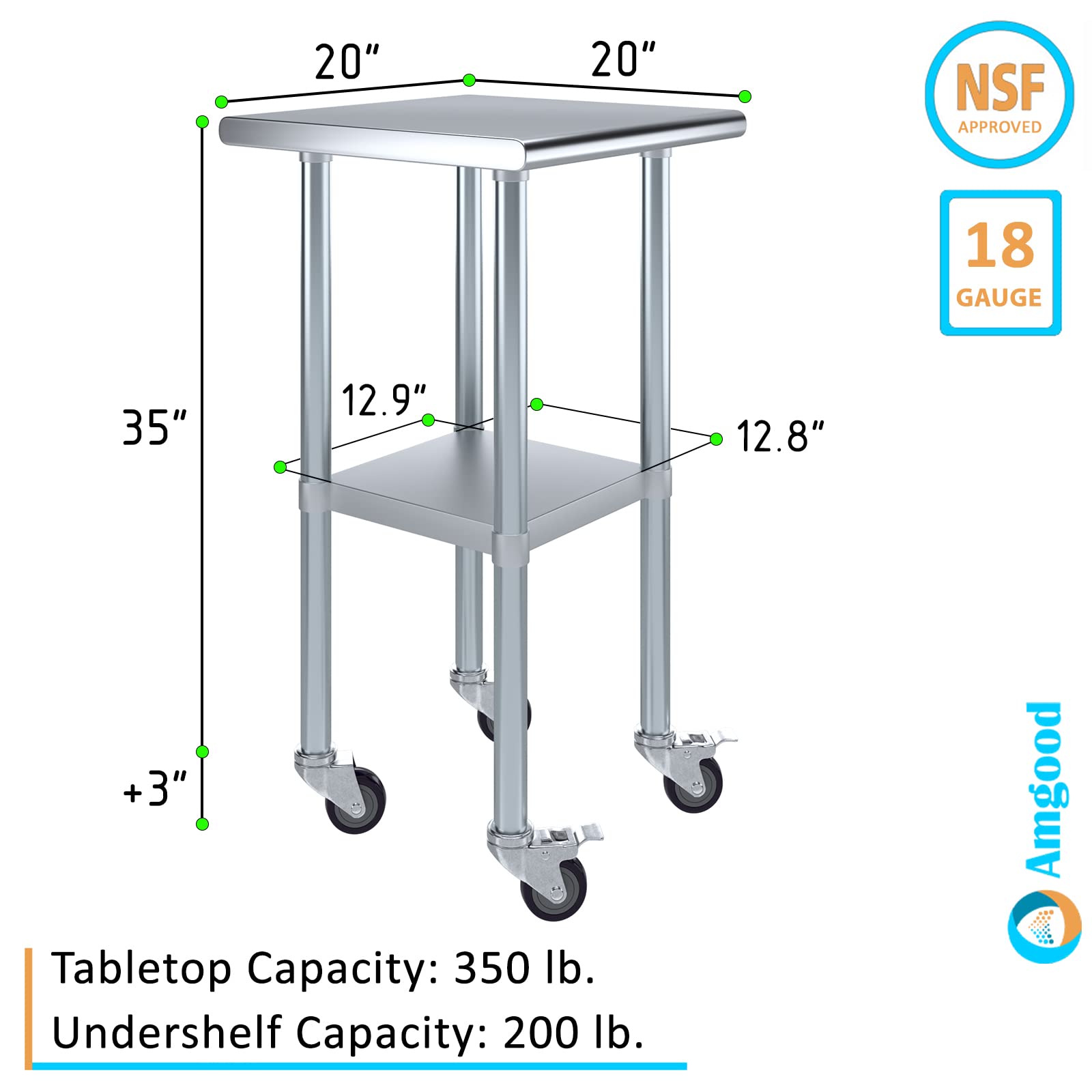 AmGood Stainless Steel Work Table with Casters - Heavy Duty Metal Utility Table on Wheels, 20