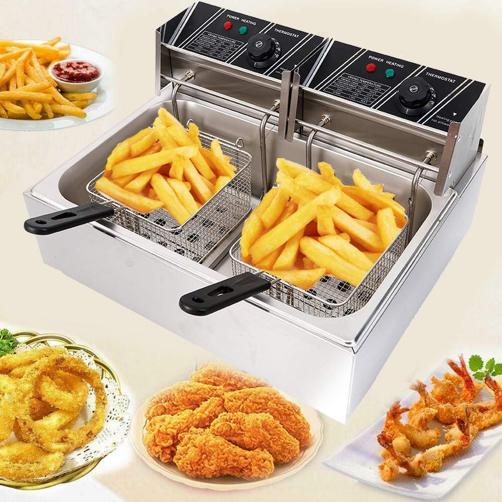 5000W Commercial Dual Tank Electric Deep Fryer - 12L Stainless Steel Restaurant Fryer with 2 Baskets for Fast Food, Snack Bars, Parties & Buffalo Wings - US Stock (Ideal for Restaurants, Catering & Home Use)