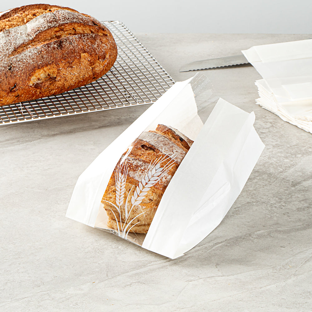 Premium White Paper Bread Bags - Micro Perforated, Greaseproof, Wheat Pattern (6