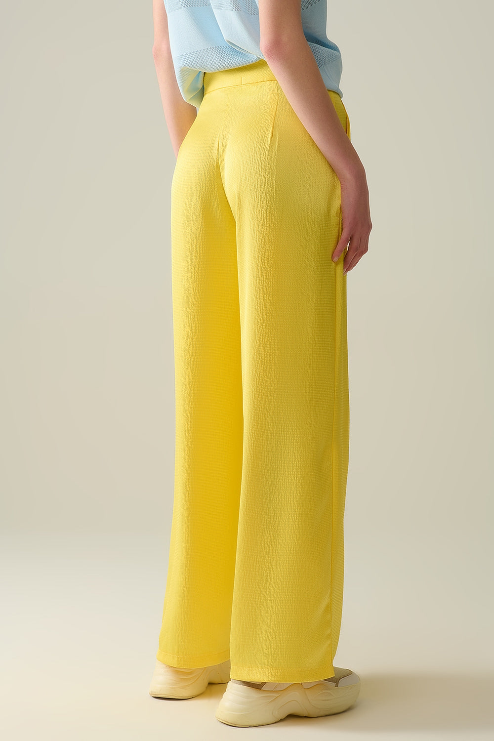 Textured Satin Yellow Wide Leg Pants for Women - Elegant & Comfortable Lounge Wear for Home, Office & Evening Out