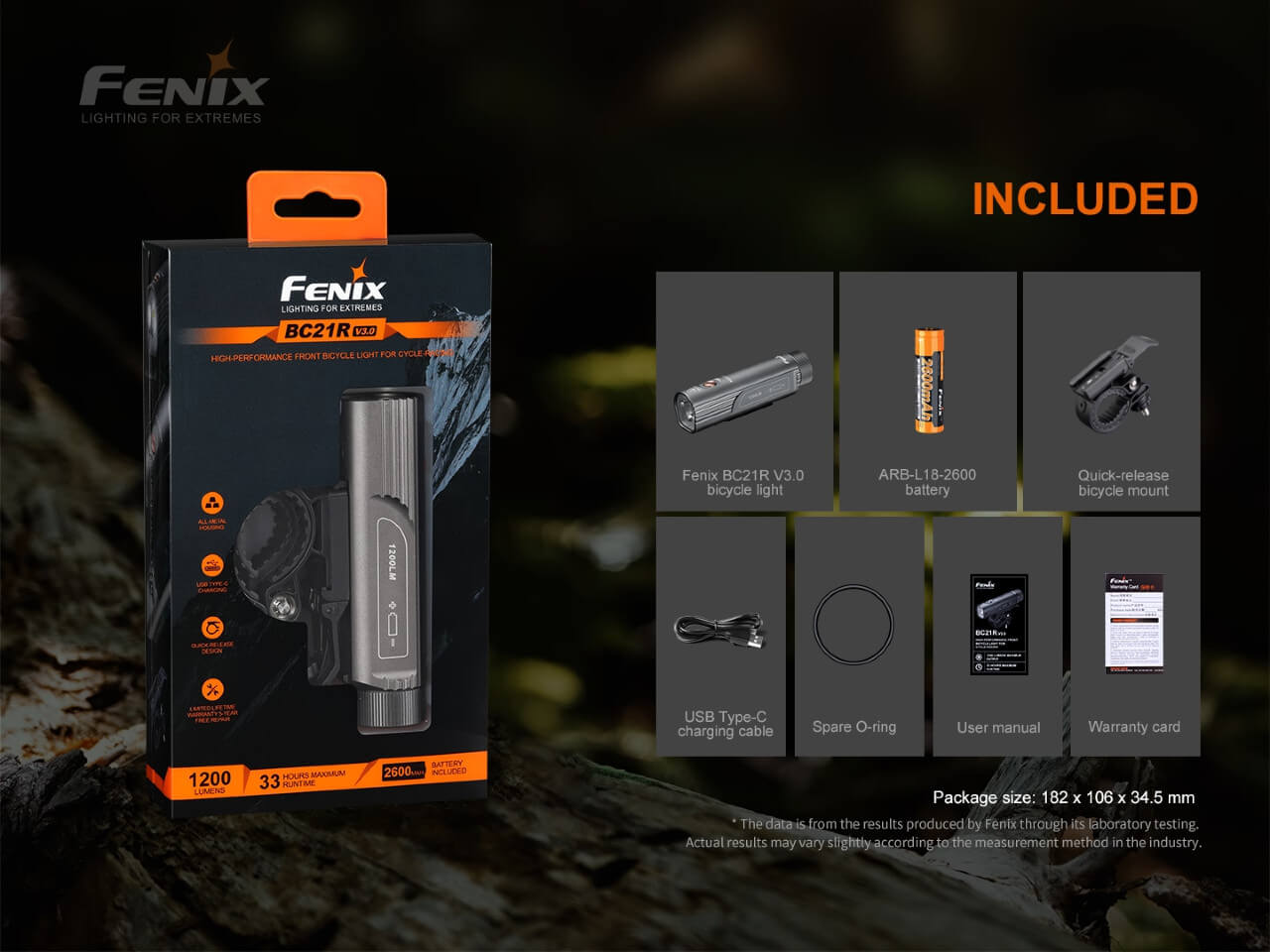 Fenix BC21R V3.0 Rechargeable LED Bike Light - 1200 Lumens, Waterproof Cycling Headlight for Night Riding, Commuting & Mountain Biking