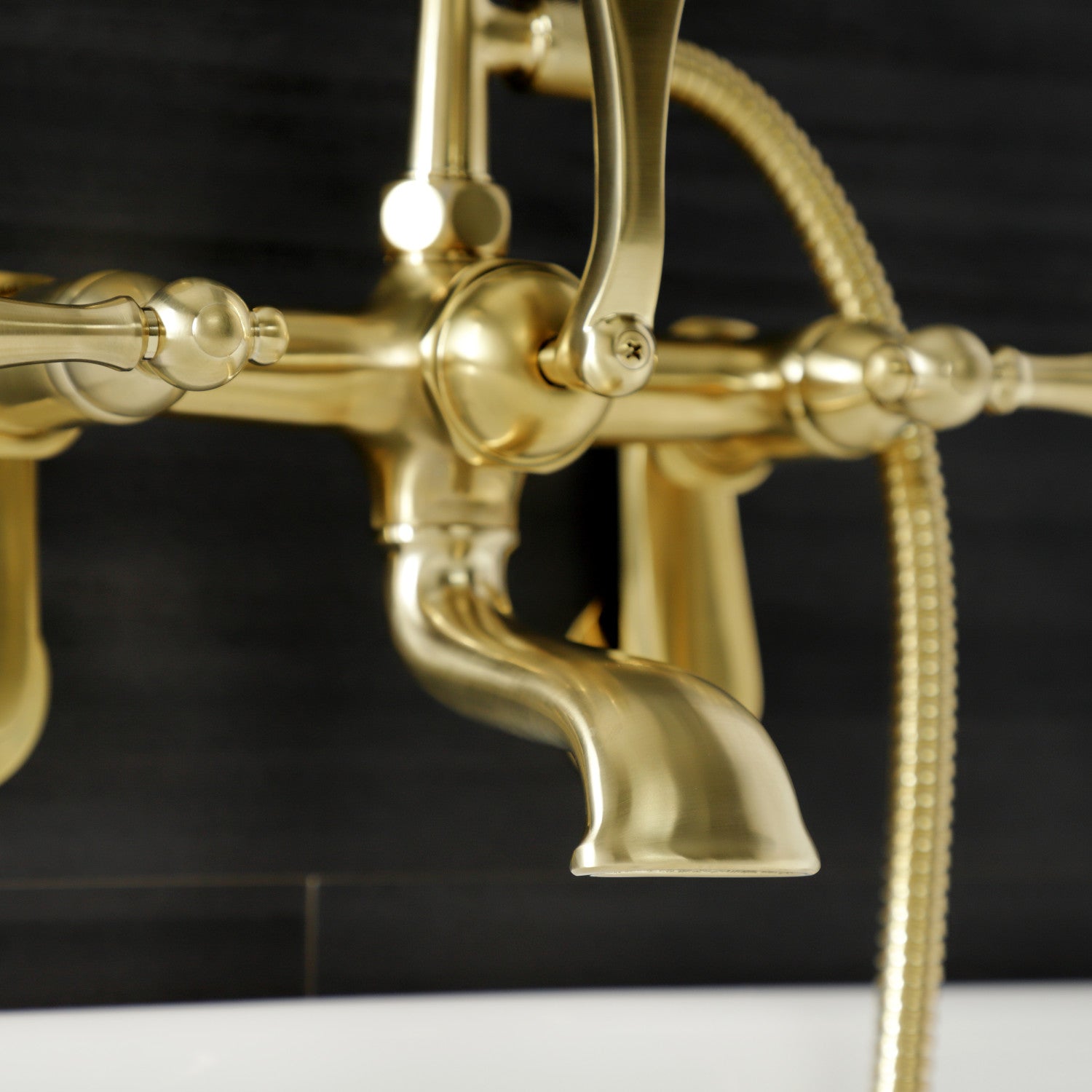 Vintage AE51T7 3-Handle Wall Mount Clawfoot Bathtub Faucet with Hand Shower in Brushed Brass - Perfect for Classic Bathroom Renovations and Luxury Spa Retreats