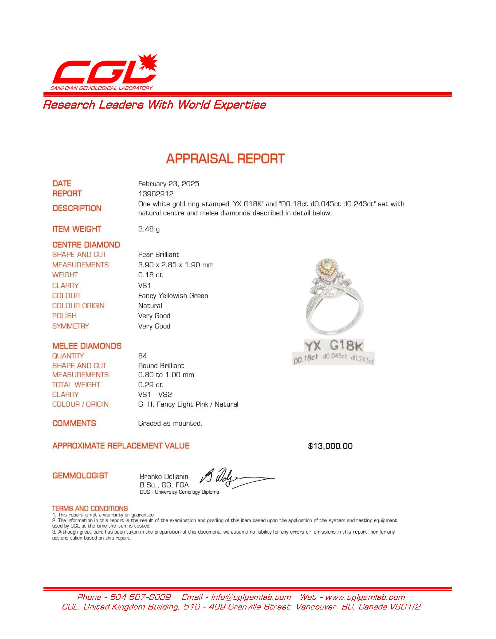 Exquisite Fancy Color Diamond Chevron Ring - 0.18ct Center Stone with 0.45ctw Side Stones (0.243ctw Total) - Size 6 - Perfect for Anniversary Gifts & Special Occasions