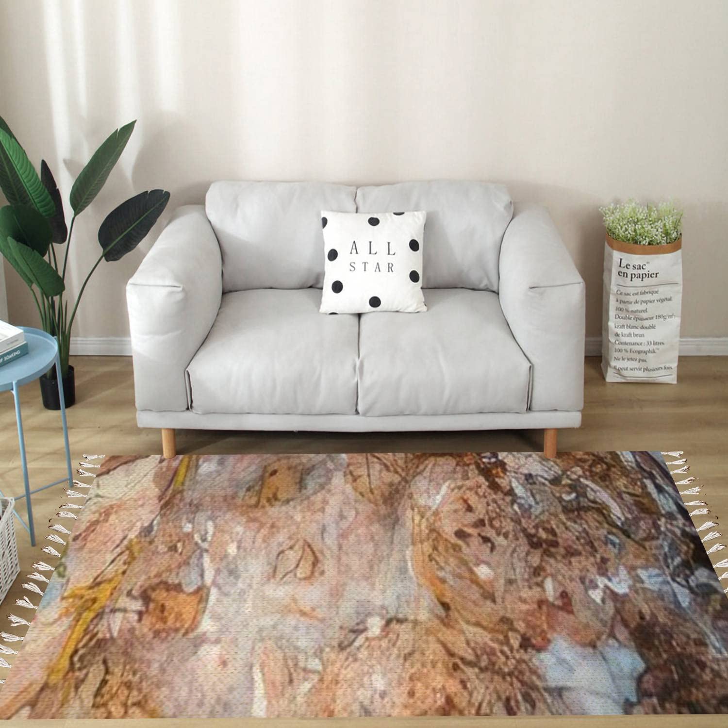 Vintage Cotton & Linen Tassel Rug with Marble Stone Pattern - Washable Boho Area Rug for Kitchen, Bathroom & Outdoor Decor | Abstract Gray Granite Design Runner Mat for Boho Chic Home Style