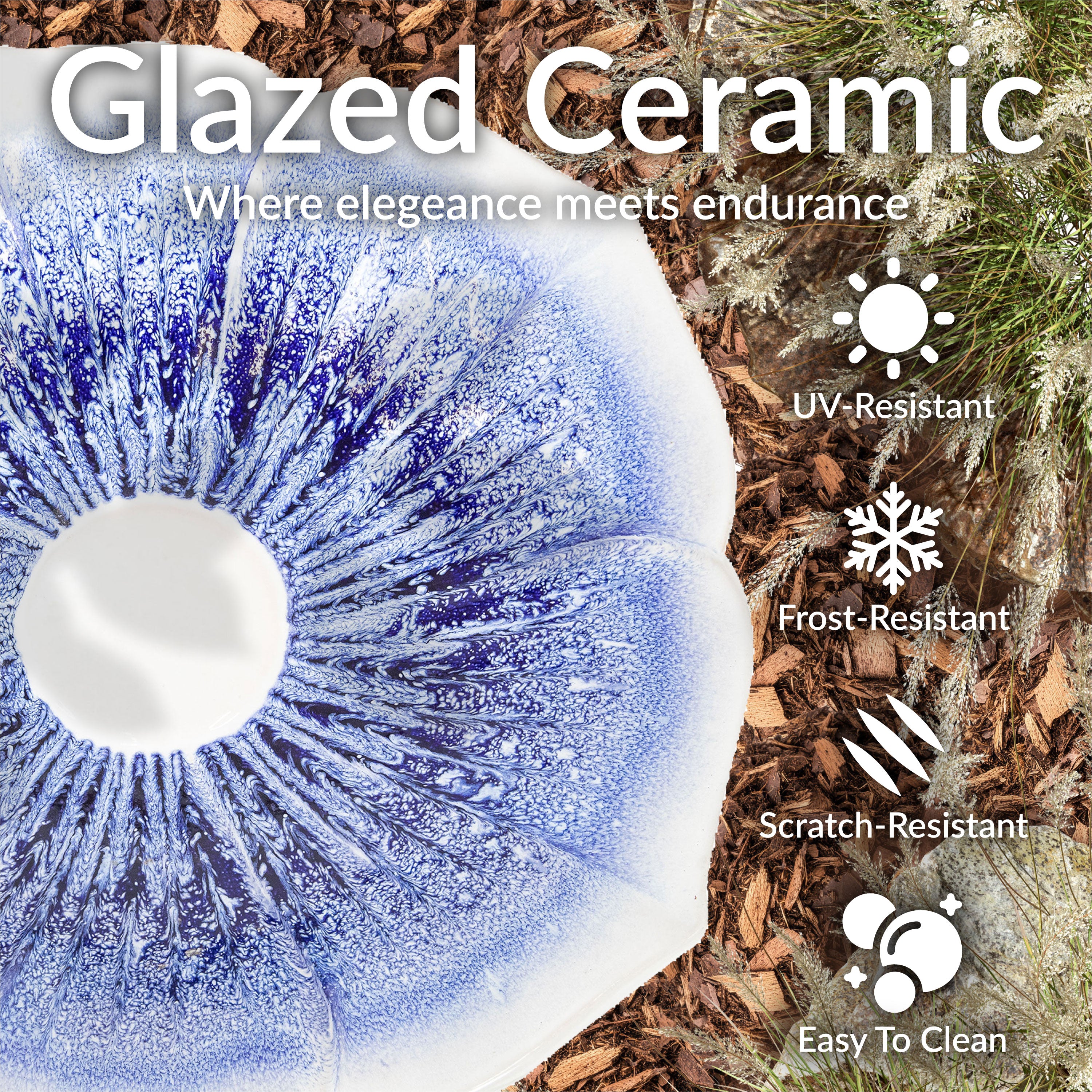 Sunnydaze Misty Blossom Glazed Ceramic Bird Bath - Blue & White Outdoor Garden Decor, 23 Inch Height - Perfect for Attracting Birds to Your Backyard or Patio