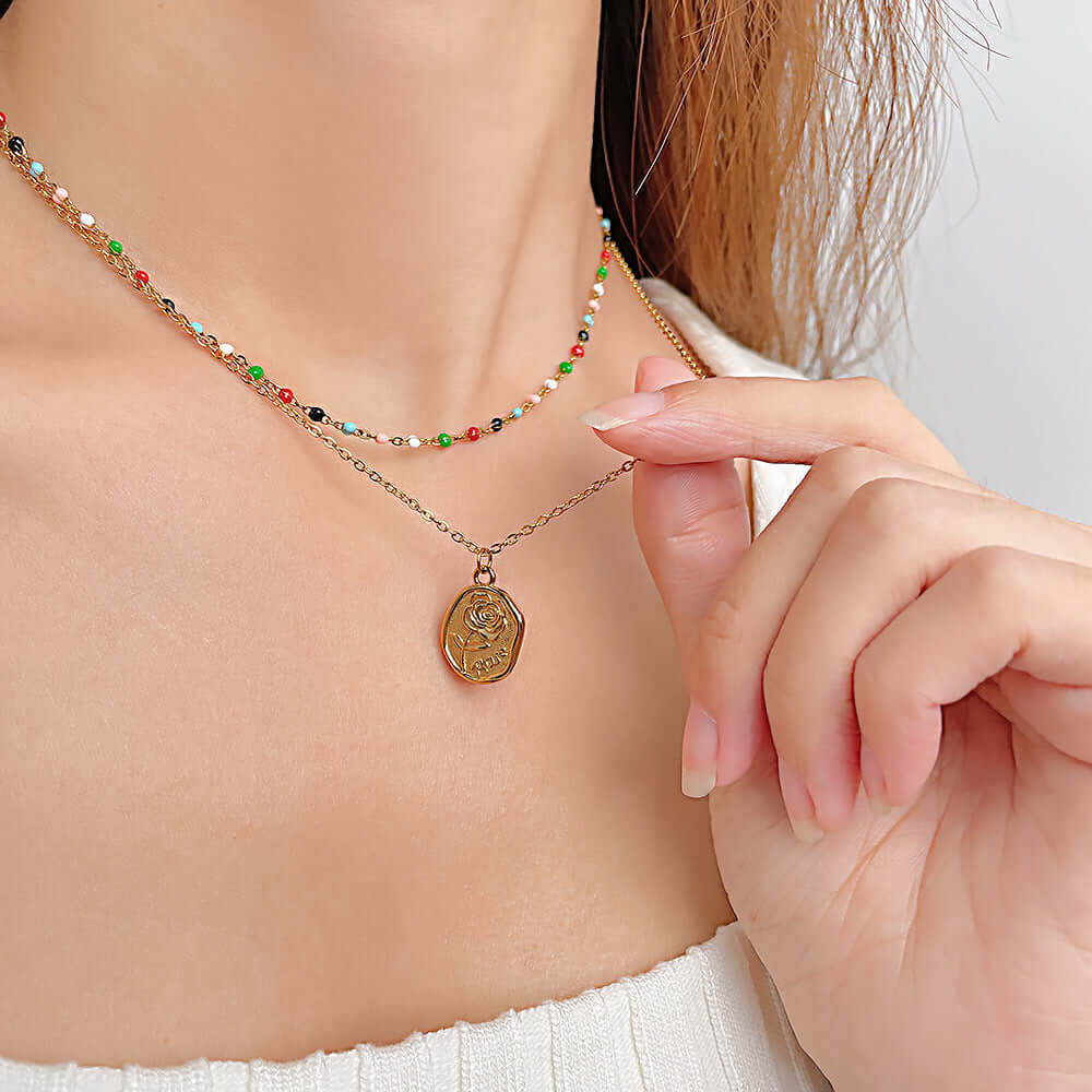 Gold Coin Layering Flower Seed Bead Chain Necklace | GX2310 - Elegant Boho Jewelry for Women, Perfect for Layering, Parties & Everyday Wear