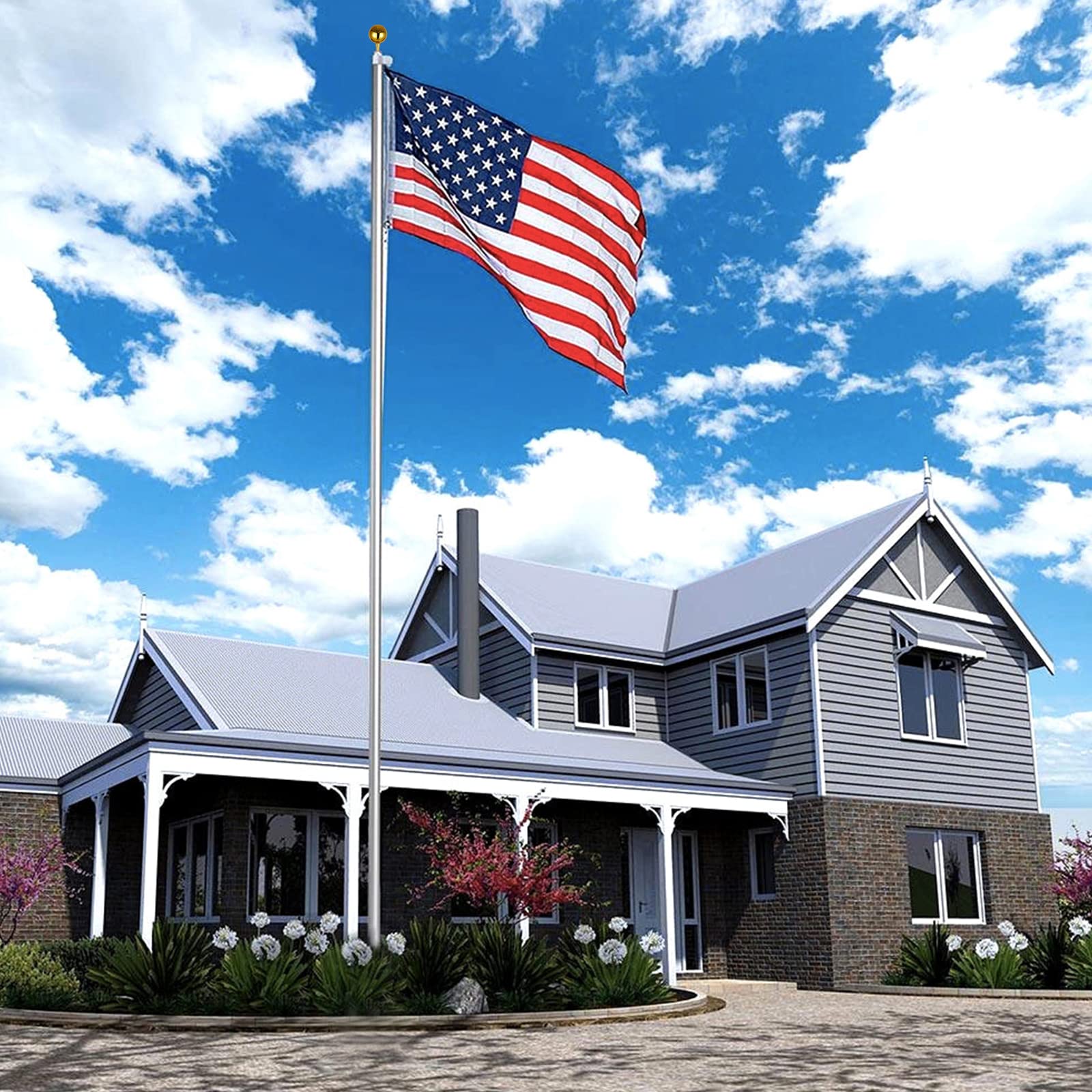 GARVEE 25Ft Aluminum Telescoping Flag Pole Kit with 3x5 USA Flag - Heavy Duty Silver Outdoor Flagpole for Front Yard, Garden, and Patriotic Display