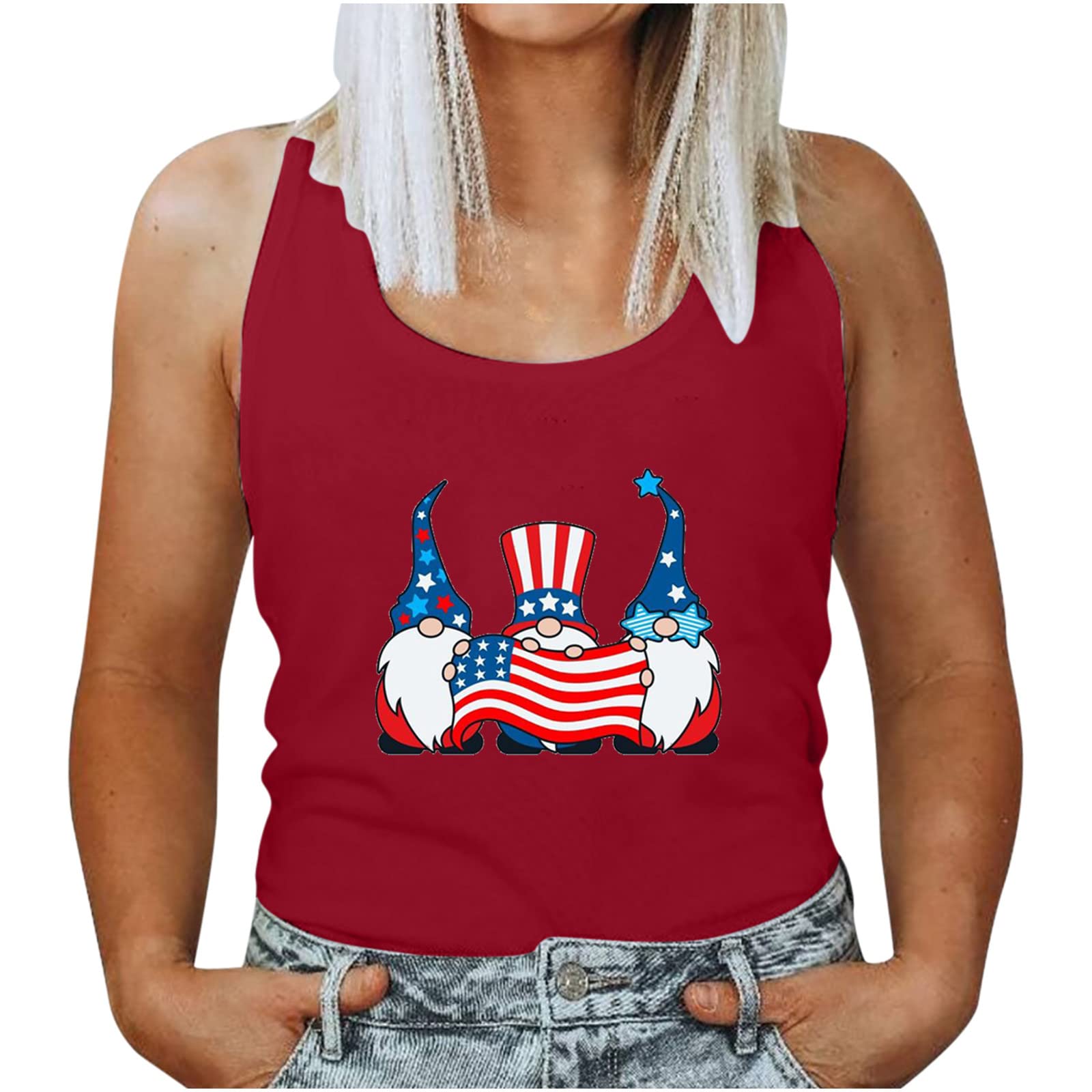 Women's Summer Tops - Round Neck Sleeveless Loose Vest with Independence Day Print | Casual Comfort Wear for Beach, Picnic & 4th of July Celebrations