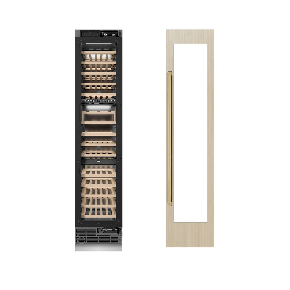 ZLINE Autograph Edition 18 Inch 9.0 cu ft Triple Zone 68 Bottle Panel Ready Right Hinge Column Wine Cooler with Polished Gold Accents - Perfect for Home Bars, Wine Cellars, and Entertaining Spaces (RBCWVRZ 18 G)