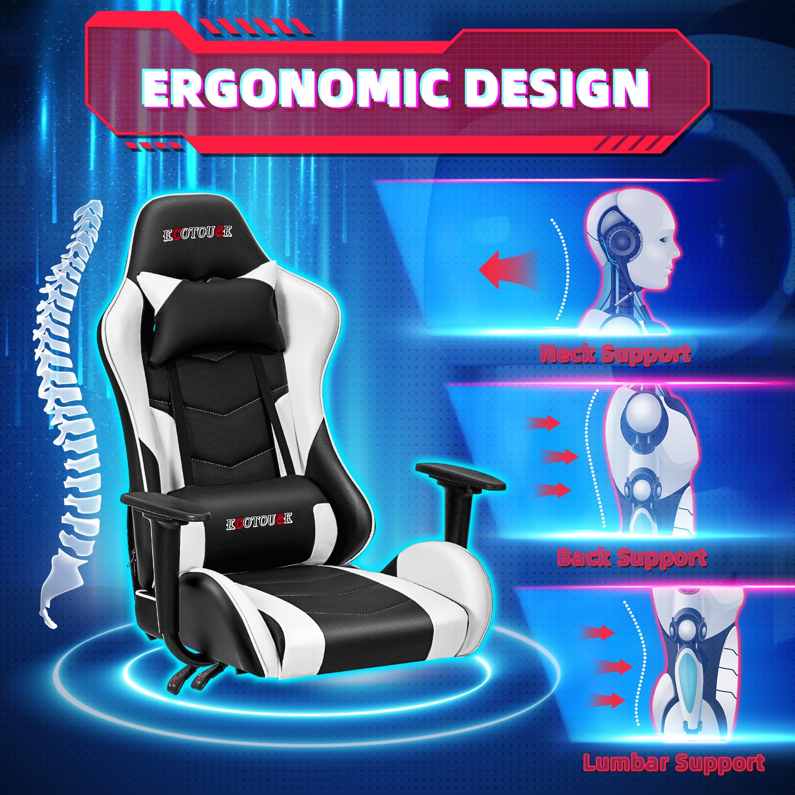 Premium Ergonomic Gaming Chair with Massage & Lumbar Support - PU Leather Racing Style PC/Office Chair with Adjustable Headrest & Recliner - Perfect for Esports, Streaming & Home Office (White)