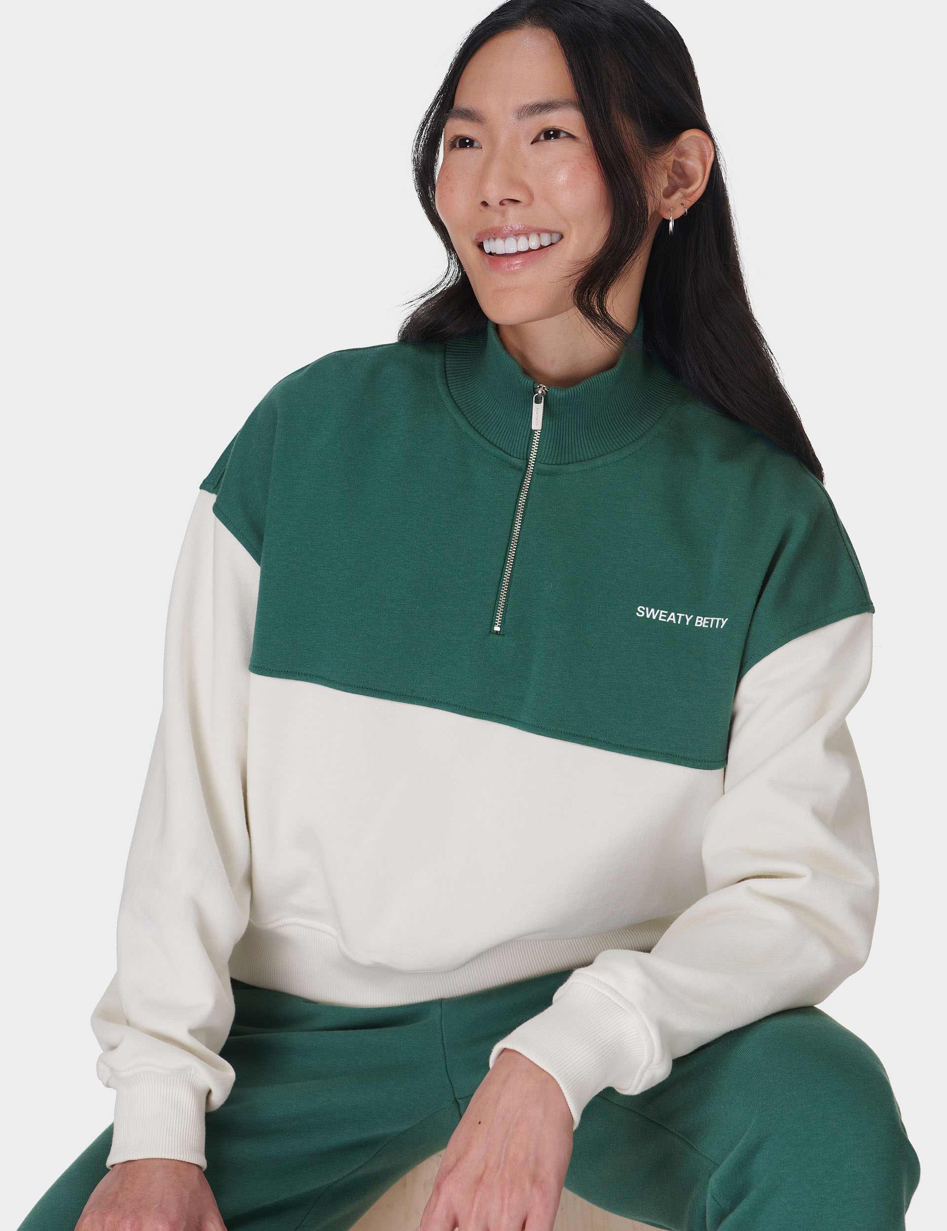 Revive Crop Half Zip Sweatshirt - Glade Green Color Block Pullover for Women | Trendy Casual Wear for Gym, Yoga & Street Fashion