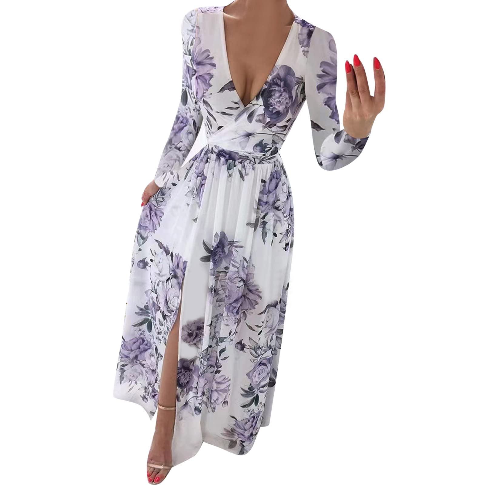 Elegant Long Sleeve V-Neck Chiffon Boho Dress with Floral Print - Women's Flowy Maxi Dress for Party, Wedding & Special Occasions
