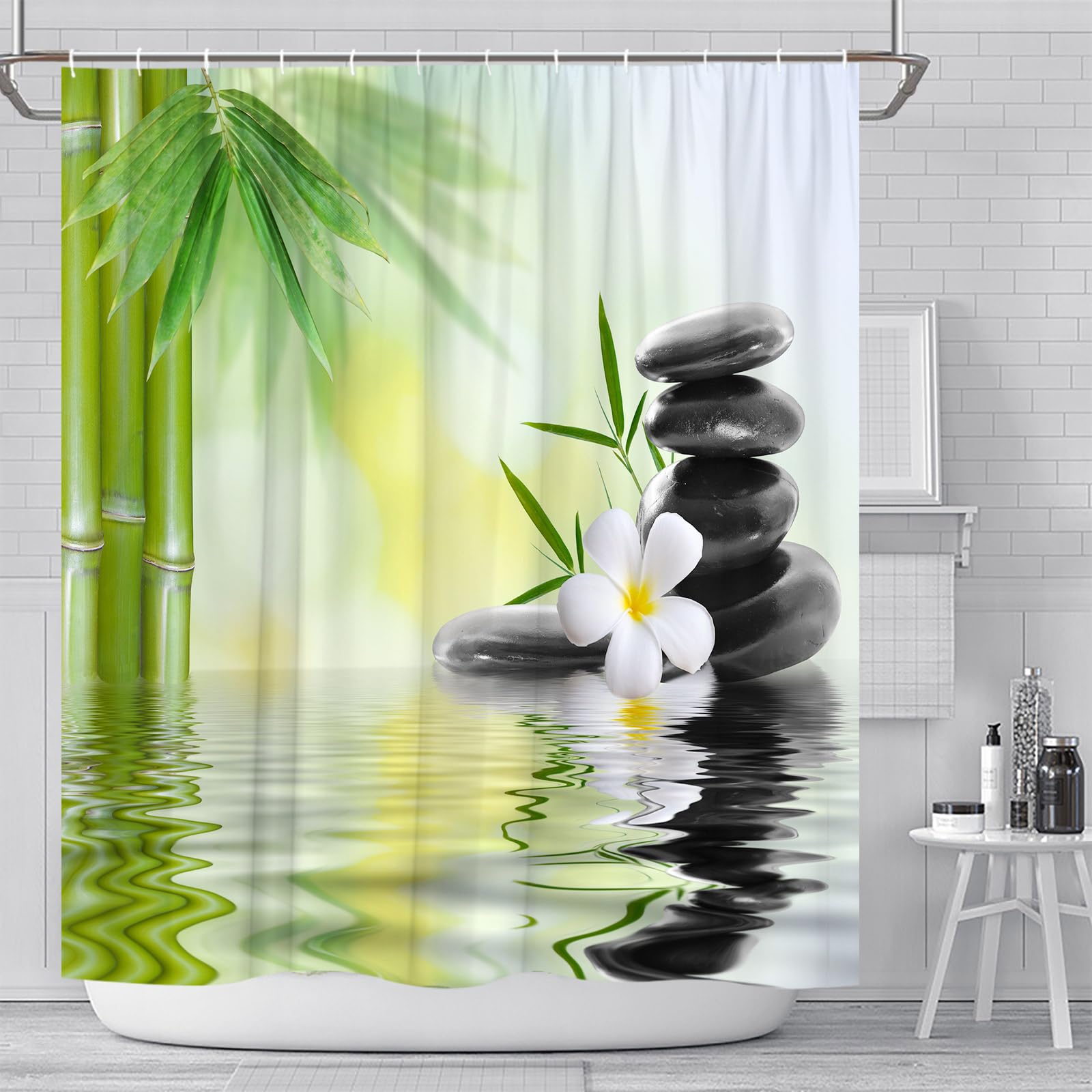 Zen Garden Shower Curtain Set - Spa Green Bamboo & Black Stone Design with White Flowers | 70x70 Inch Machine Washable Polyester Fabric with Hooks | Perfect for Bathroom Decor, Relaxing Spa Atmosphere & Asian-Inspired Home Décor