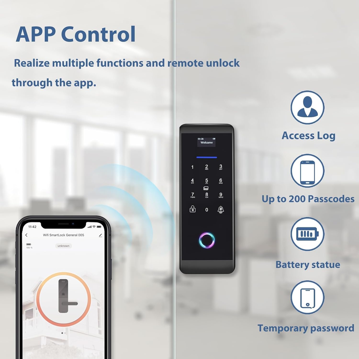 Smart Fingerprint WiFi Keyless Entry Door Lock - 5-in-1 Touchscreen Keypad, IP66 Weatherproof, APP Remote Control for Home, Office & Glass Doors | Secure Smart Lock for Front Door, Apartment & Business Access