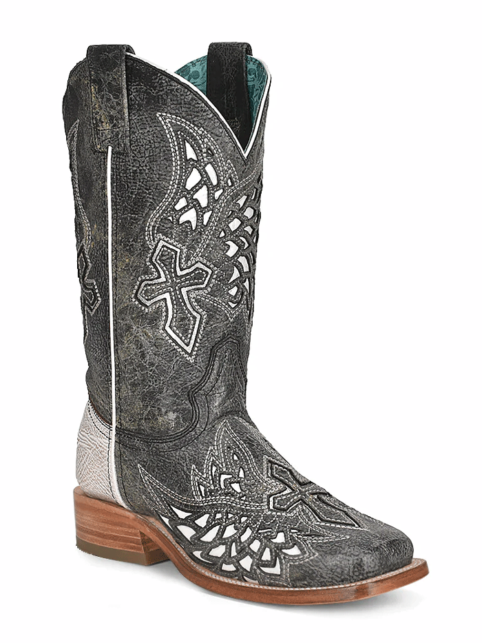 Corral A4333 Women's Western Boots - Square Toe with Inlay & Embroidery - Black & White Cowgirl Boots for Country Dancing & Rodeo Events