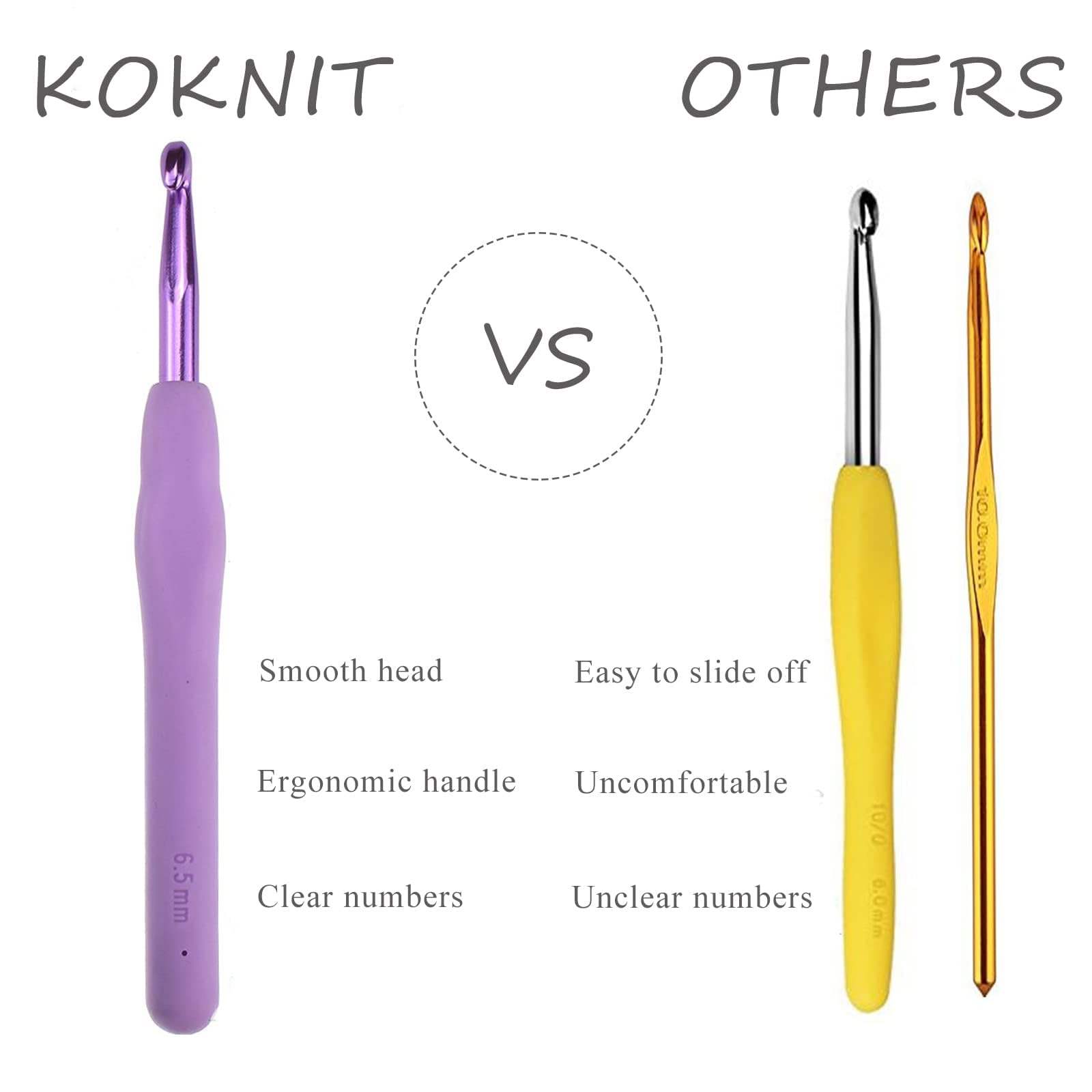 KOKNIT 12-Piece Ergonomic Crochet Hook Set with Comfortable Handle for Arthritic Hands - Extra Long Smooth Knitting Needles & Stitch Markers Included - Perfect for Yarn Crafts, DIY Projects & Handmade Gifts