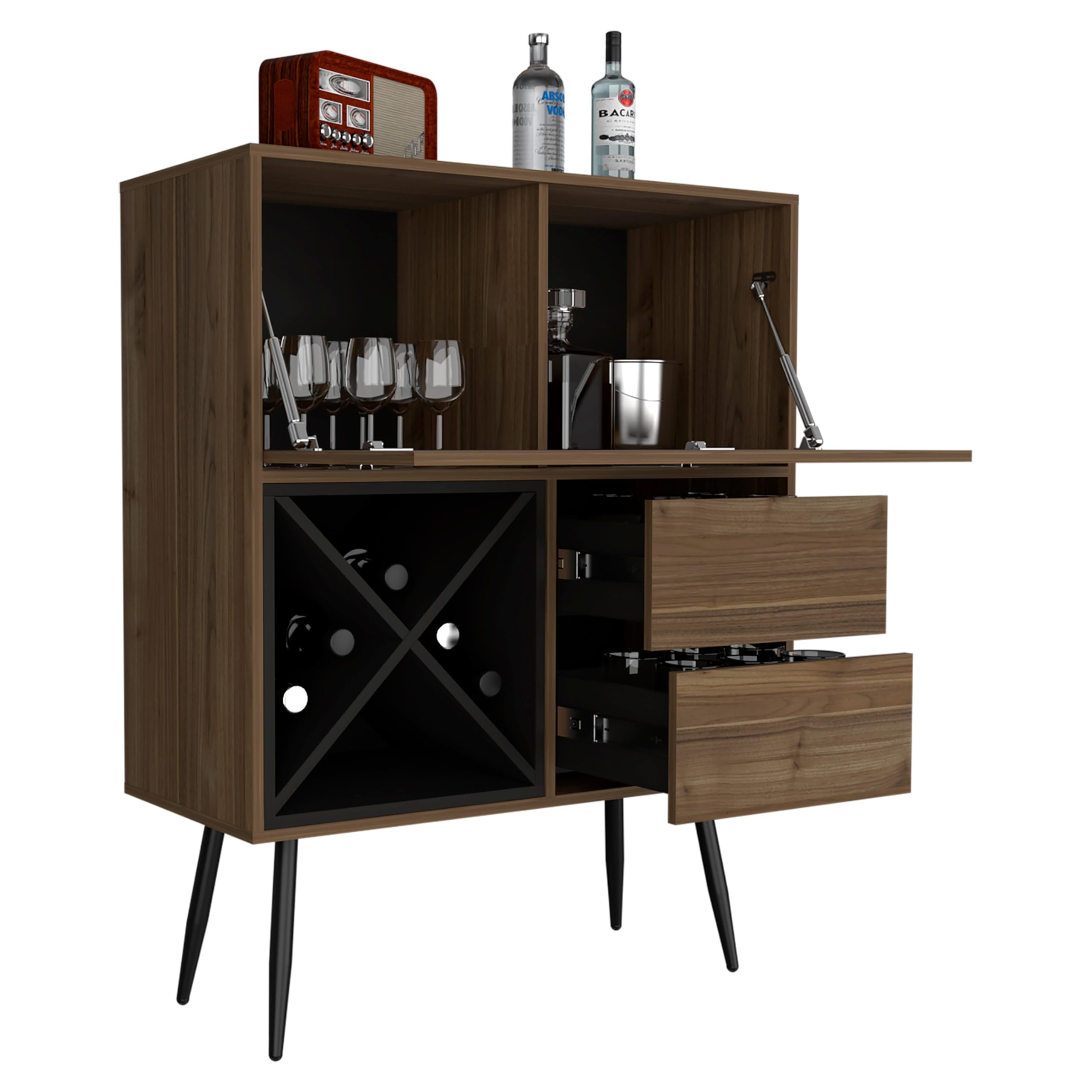 Tuhome Prunus Bar Cabinet with 2 Drawers - Mahogany & Black Finish - Stylish Home Bar Storage for Living Room, Dining Room or Office