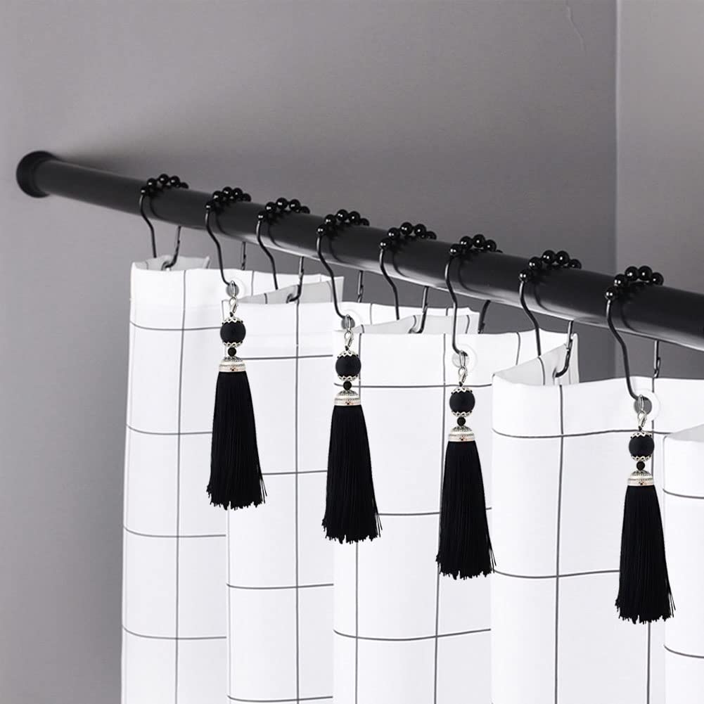 12 Pack Rust-Proof Black Stainless Steel Tassel Shower Curtain Hooks - Decorative Bathroom Curtain Rings for Shower Rods, Bedroom & Living Room - Durable Metal Hooks with Elegant Tassels (Black) - Perfect for Modern Bathroom Decor, Guest Rooms, and Apartment Styling