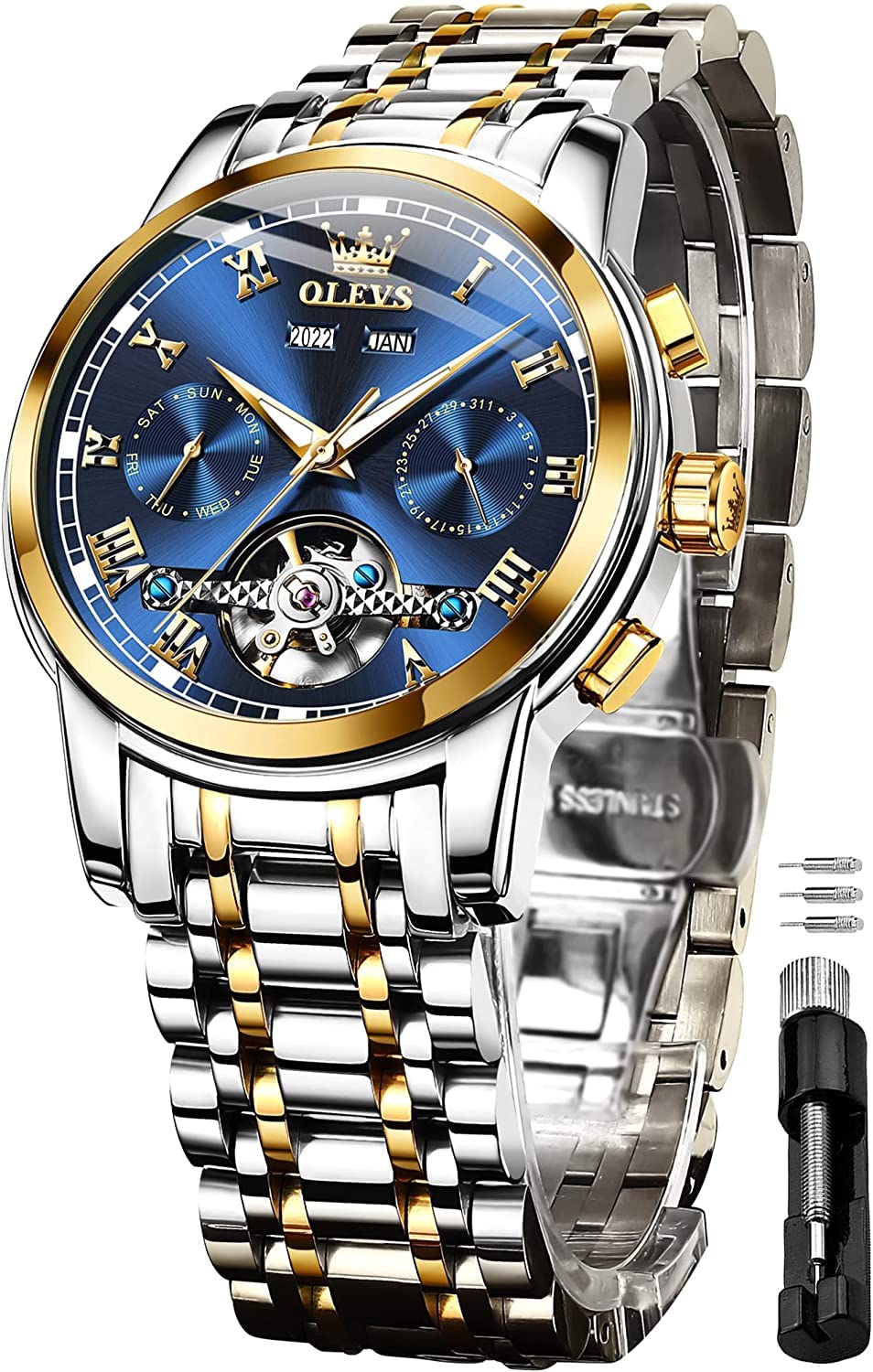 OLEVS Automatic Self-Winding Mechanical Watch for Men - Waterproof Stainless Steel Strap with Classic Tourbillon Design | Perfect for Business, Formal & Casual Wear