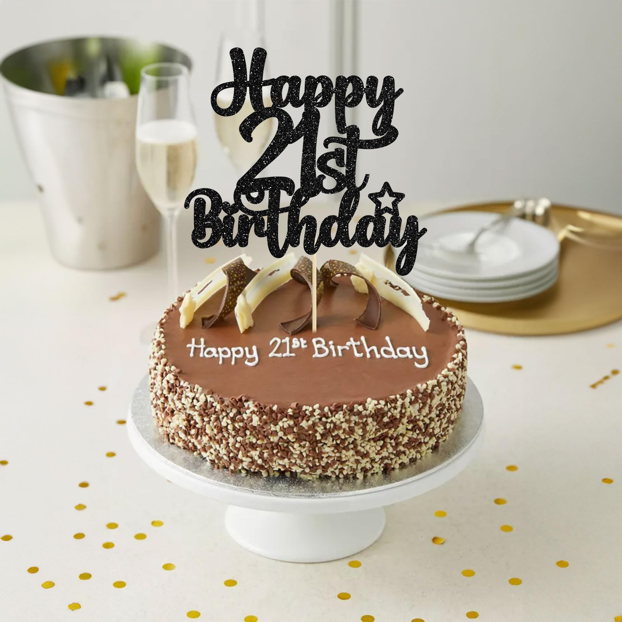 21st Birthday Cake Topper - Glitter '21 & Fabulous' Cheers to 21 Years Cake Decorations for 21st Birthday Party | Black Gold Cake Pick for Women & Men | Perfect for Milestone Celebrations, Anniversaries & Special Occasions