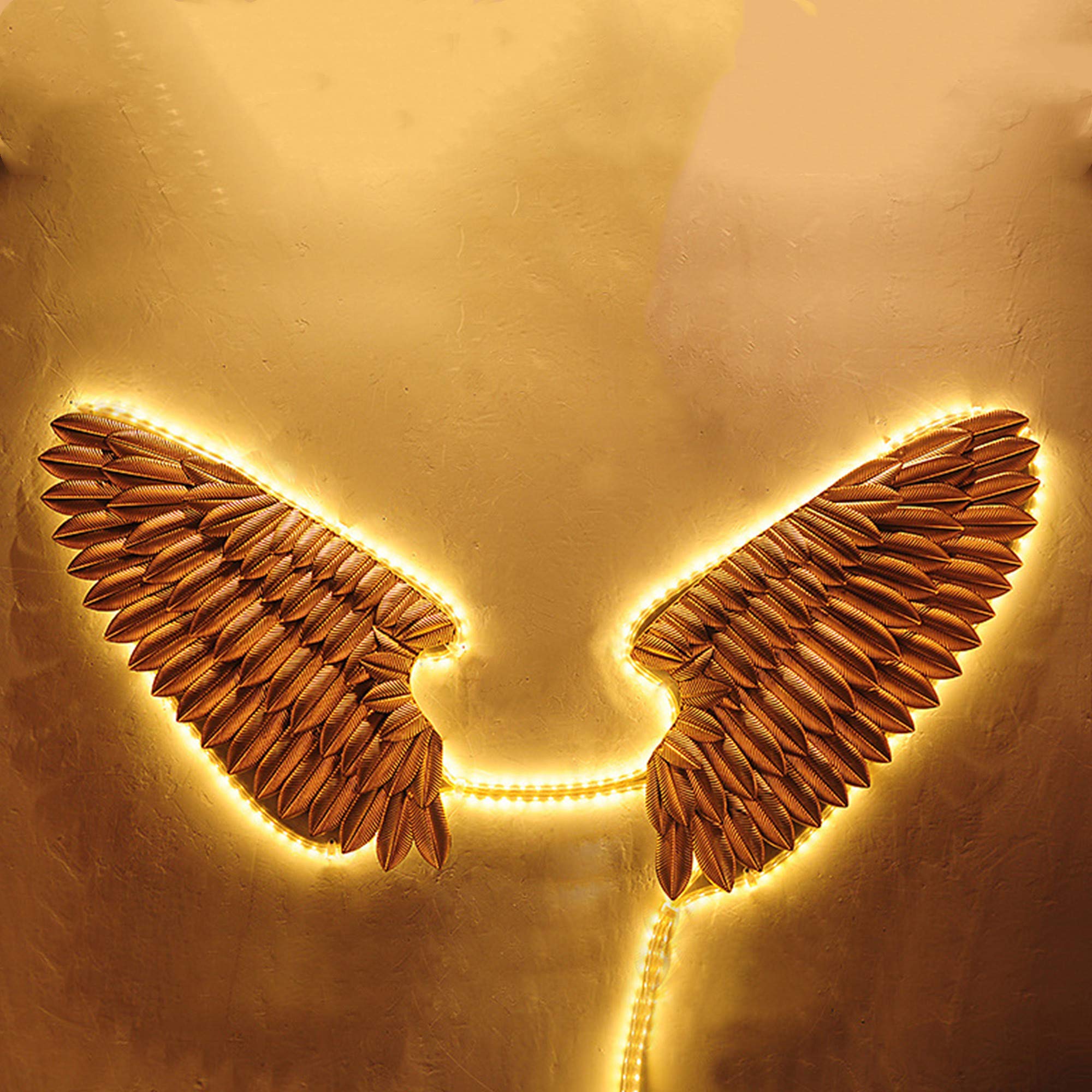3D LED Angel Wing Metal Wall Art - Gold Wrought Iron Sculpture with Neon Lights for Beer Bar, Wedding, Party & Christmas Decor (110x100cm) - Perfect for Home, Restaurant, and Event Wall Decoration