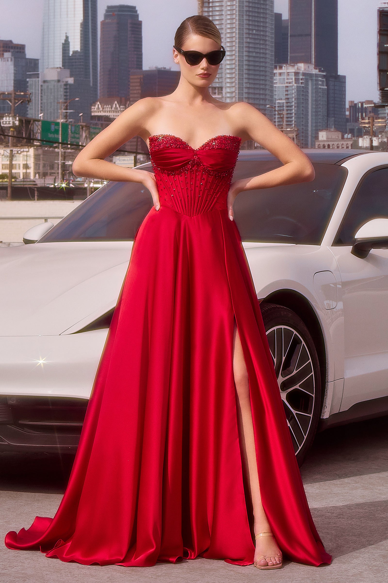 Strapless Beaded Satin A-Line Dress - Elegant Melanie Gown for Prom, Wedding & Evening Events