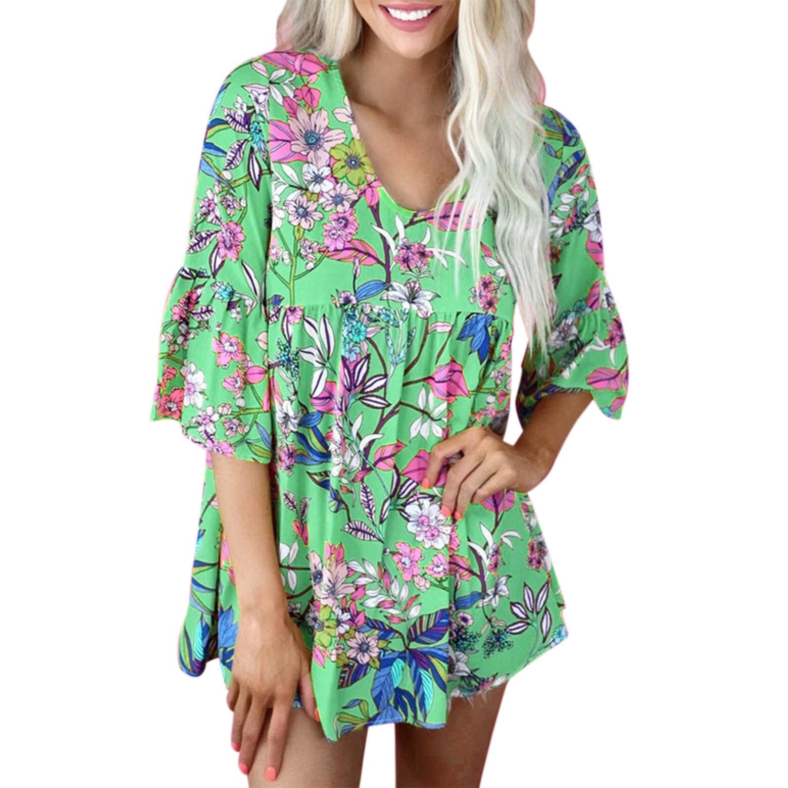 Women's Floral Print Short Sleeve T-Shirt - Crew Neck Casual Summer Top Blouse for Women - Perfect for Beach Outings, Picnics & Everyday Wear