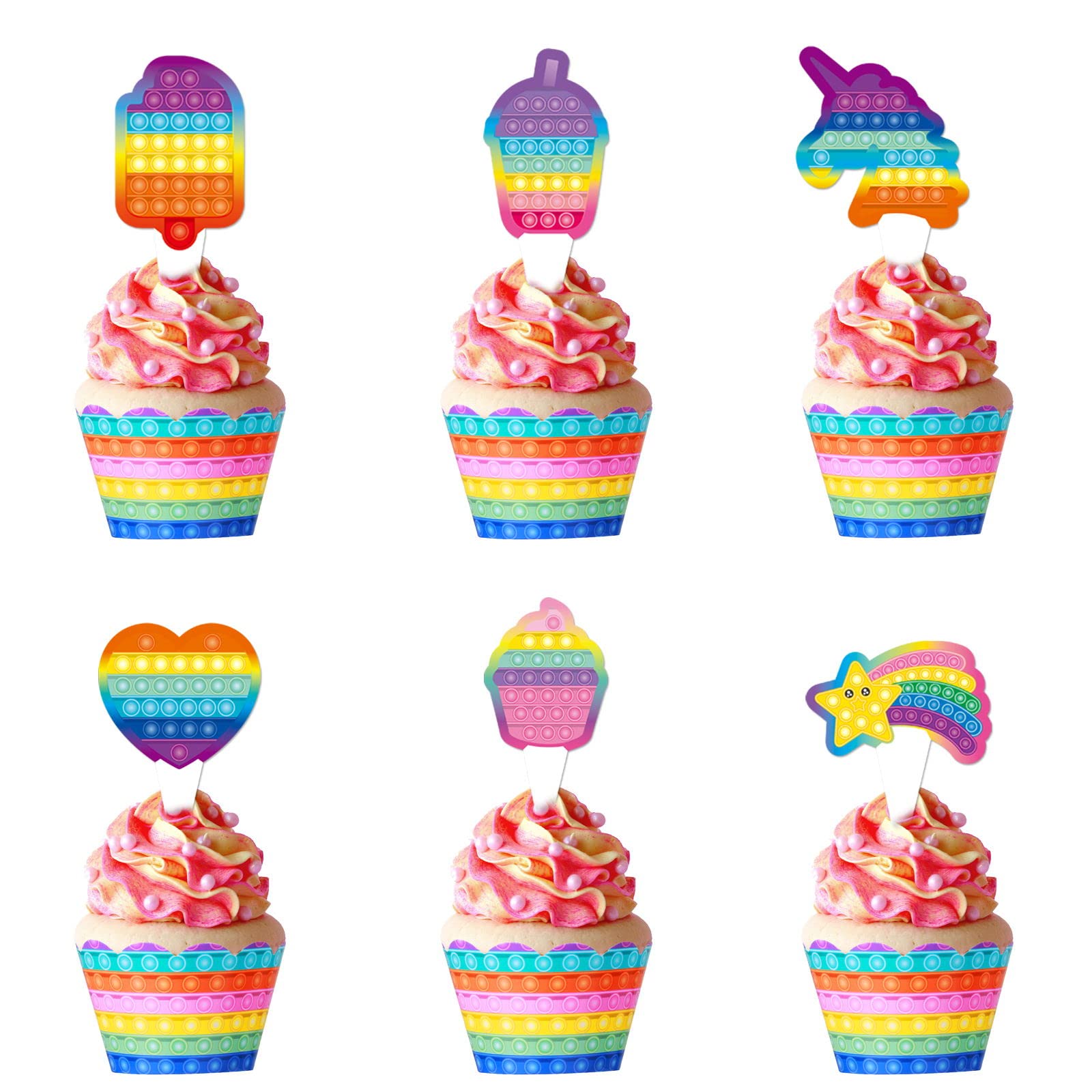 Popping It Push Bubble Cupcake Toppers & Wrappers - 24-Pack Party Supplies for Birthday Celebrations, Baby Showers & Stress Relief Fun
