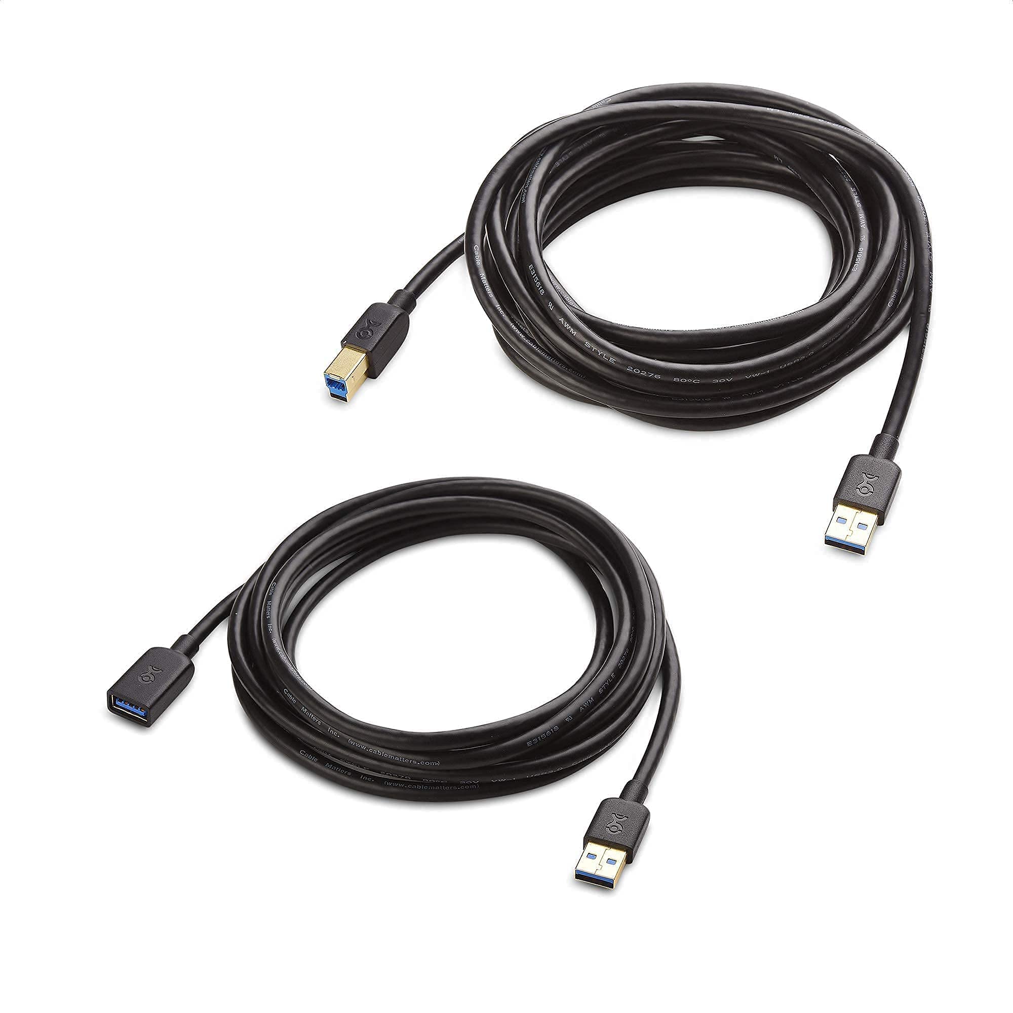 Cable Matters 15ft USB 3.0 A to B Cable & 10ft USB Extension Cord - High Speed Data Transfer for Printers, Scanners, External Hard Drives | Office & Home Use