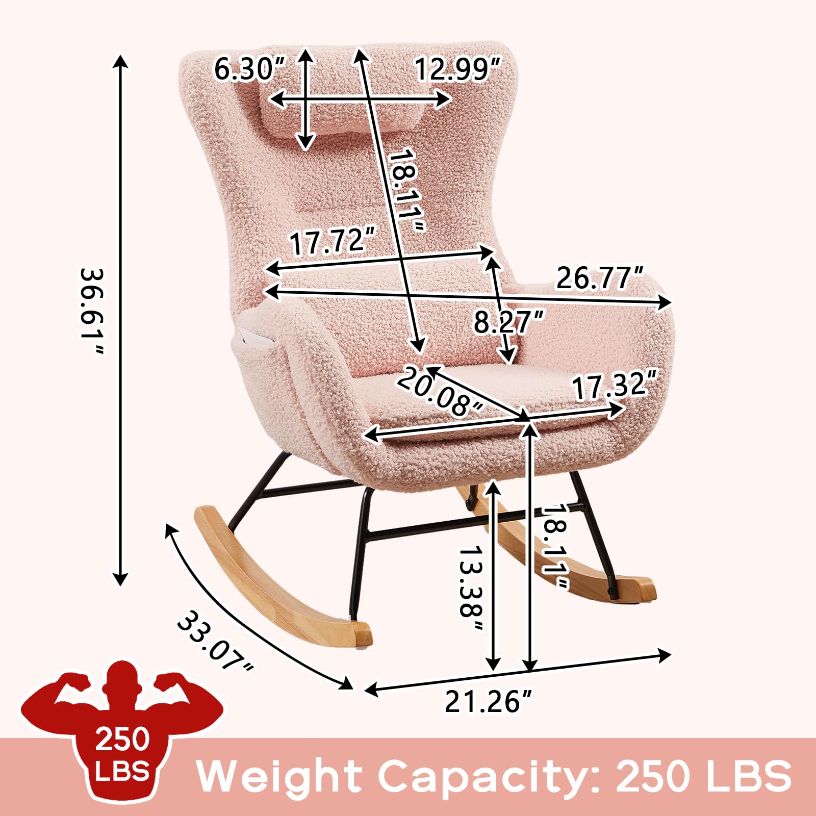 NIOIIKIT Nursery Rocking Chair - Soft Teddy Upholstered Glider Rocker with Adjustable Headrest & Lumbar Support Pillow, High Back Accent Chair with Side Pocket - Comfortable Armchair for Living Room, Nursery, Bedroom (Pink) | Perfect for Breastfeeding, Reading & Relaxing