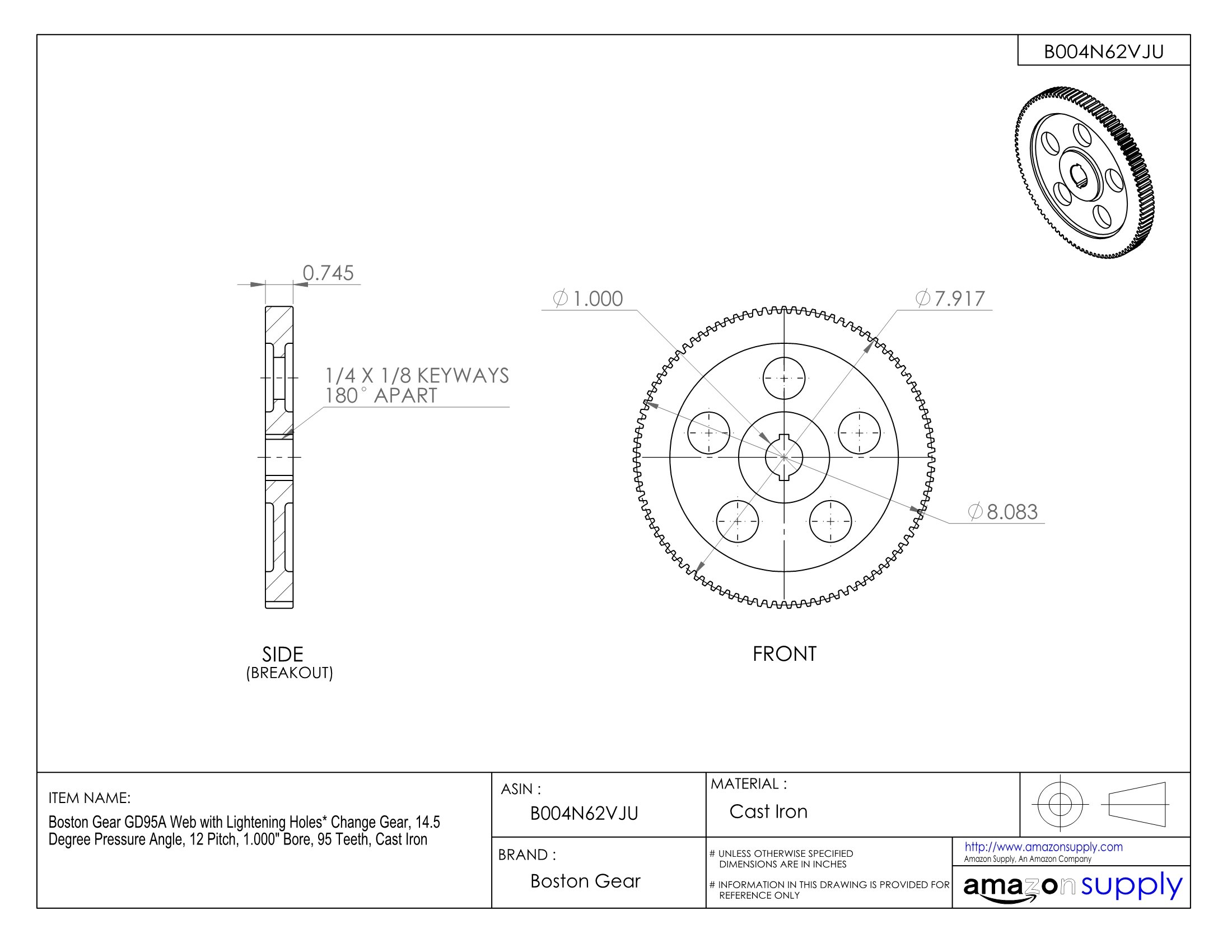 GD95A Lightening Hole Web Change Gear - 14.5° Pressure Angle, 12 Pitch, 1.000