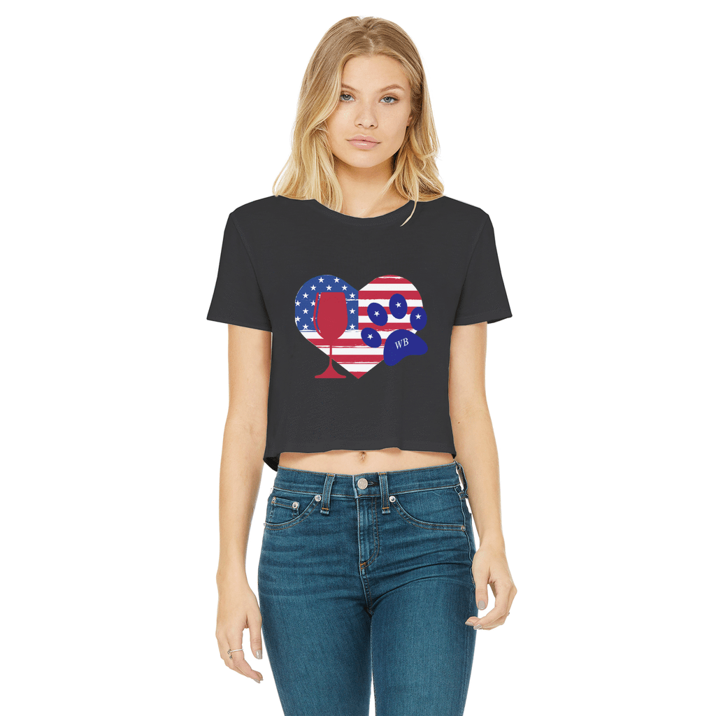 WineyBitches.Co Women's Cropped Raw Edge T-Shirt with Heart Paw Print - American Wine Lover Tee for Casual Outfits, Girls Night Out & Wine Tasting Events