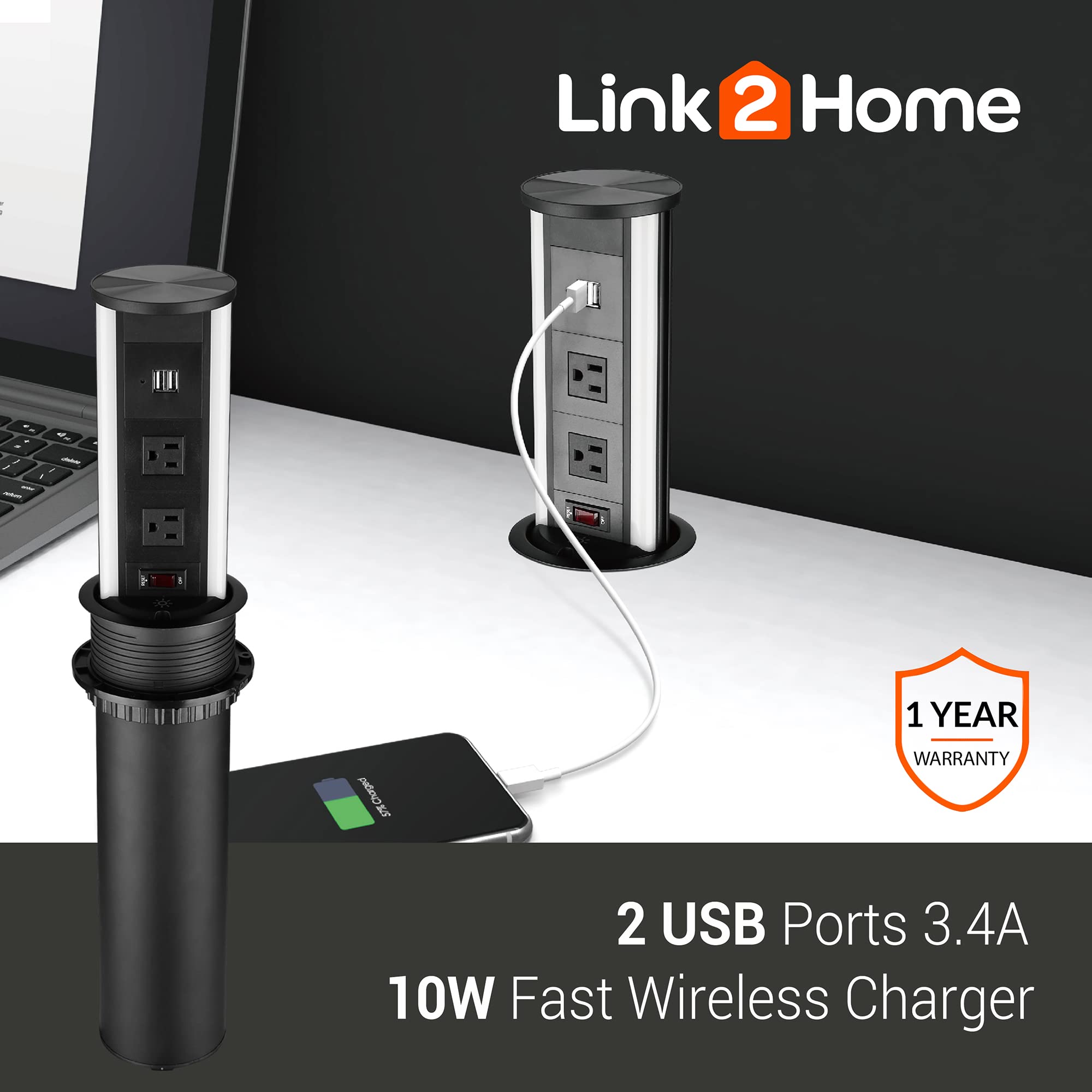 Link2Home Automatic Pop Up 10W Wireless Charging Station with 2 Power Outlets (15A) & 2 USB Ports (3.4A) - Splash Resistant, Black Anodized Finish - Perfect for Kitchen Counter, Office Desk, Workshop & Home Use