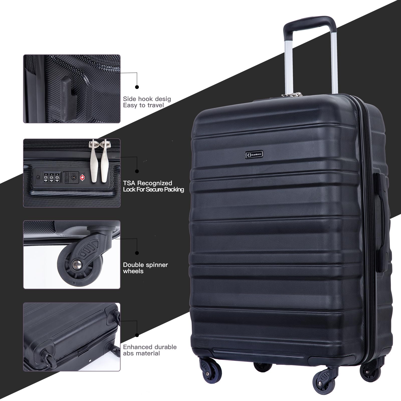 Travelhouse 3-Piece Hardshell Luggage Set with Spinner Wheels & TSA Lock (20in, 24in, 28in) - Expandable Suitcases for Women in Black - Perfect for International Travel, Business Trips & Family Vacations