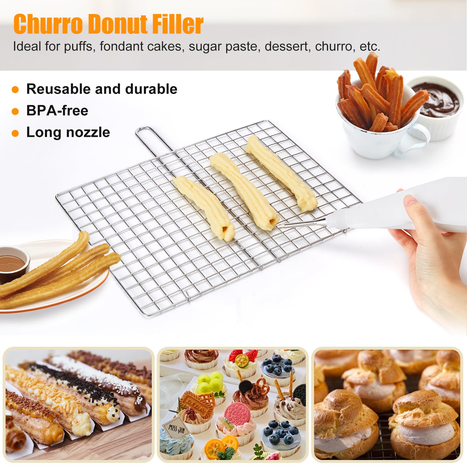 Stainless Steel Churro Maker Kit with 4 Nozzles, Piping Bag & Cleaning Brushes - Professional Churro Machine for Homemade Spanish Donuts - Perfect for Parties, Gifts & Family Baking Fun