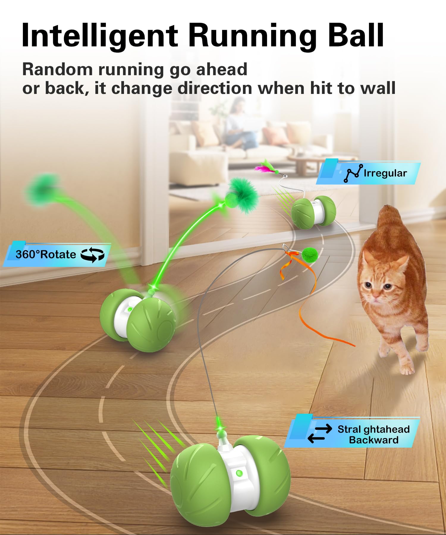 Interactive Motion Activated Cat Toys for Indoor Cats - Automatic USB Rechargeable Cat Toy with Extra Long Feather Wand & Mouse Toy (Green) - Perfect for Playtime, Exercise & Boredom Relief